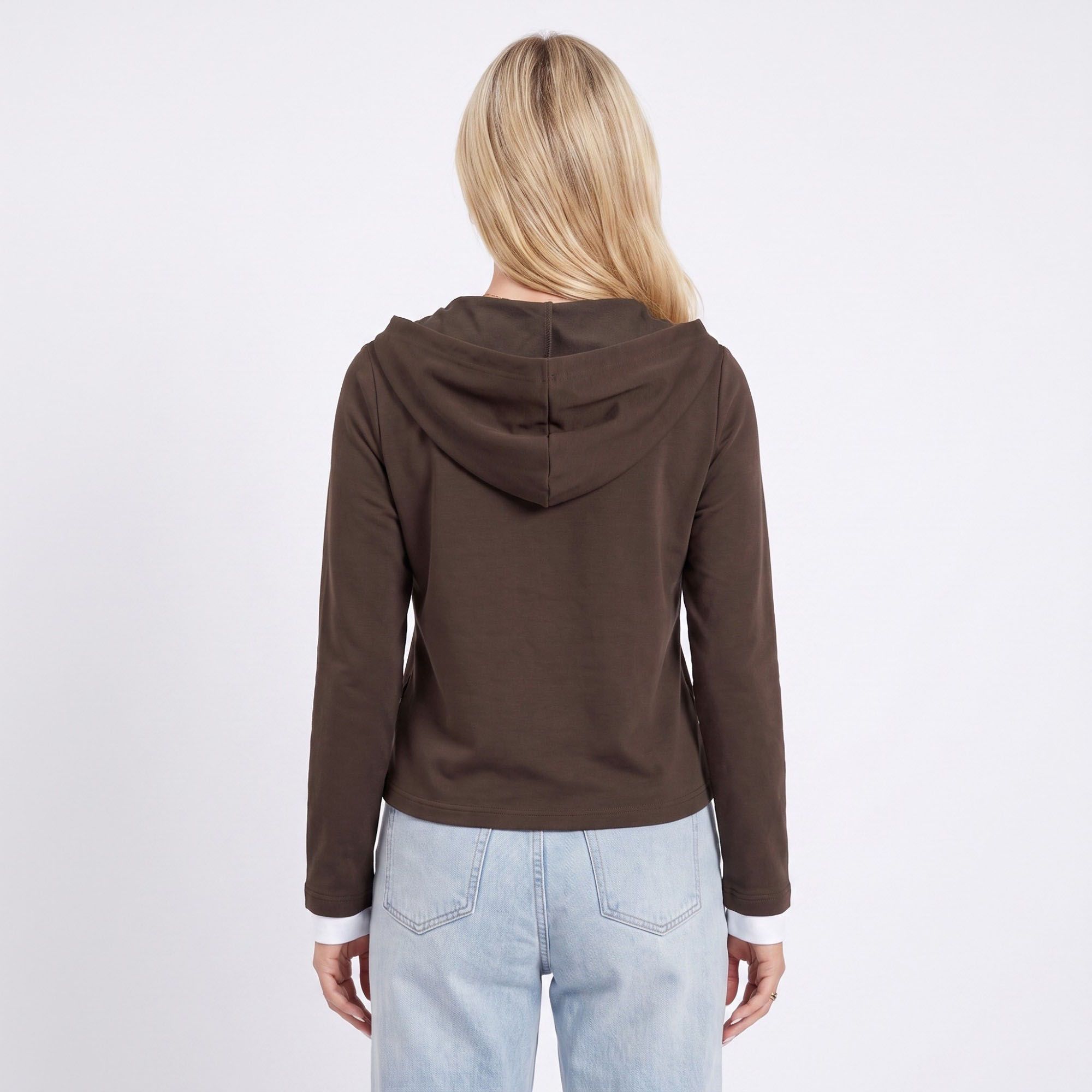 Hooded Long Sleeve Pullover Top with Button Detail and Contrast Trim