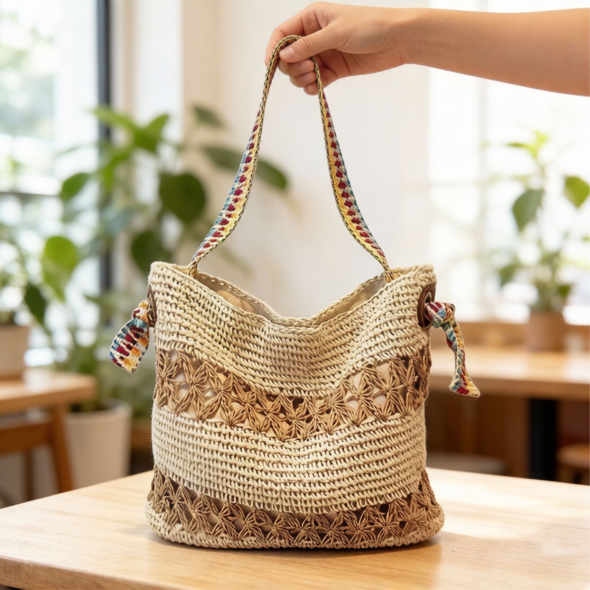 Crochet Shoulder Bag with Patterned Strap Knit Hobo Handbag Lined Casual Everyday Tote