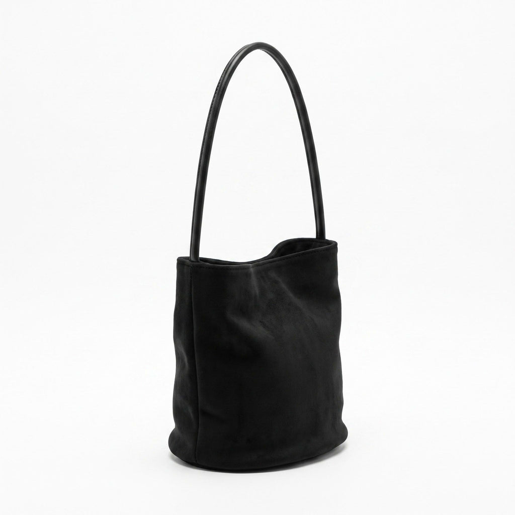 Suede-Look Bucket Shoulder Bag with Long Strap and Soft Structured Shape 9x7.5x6.5in