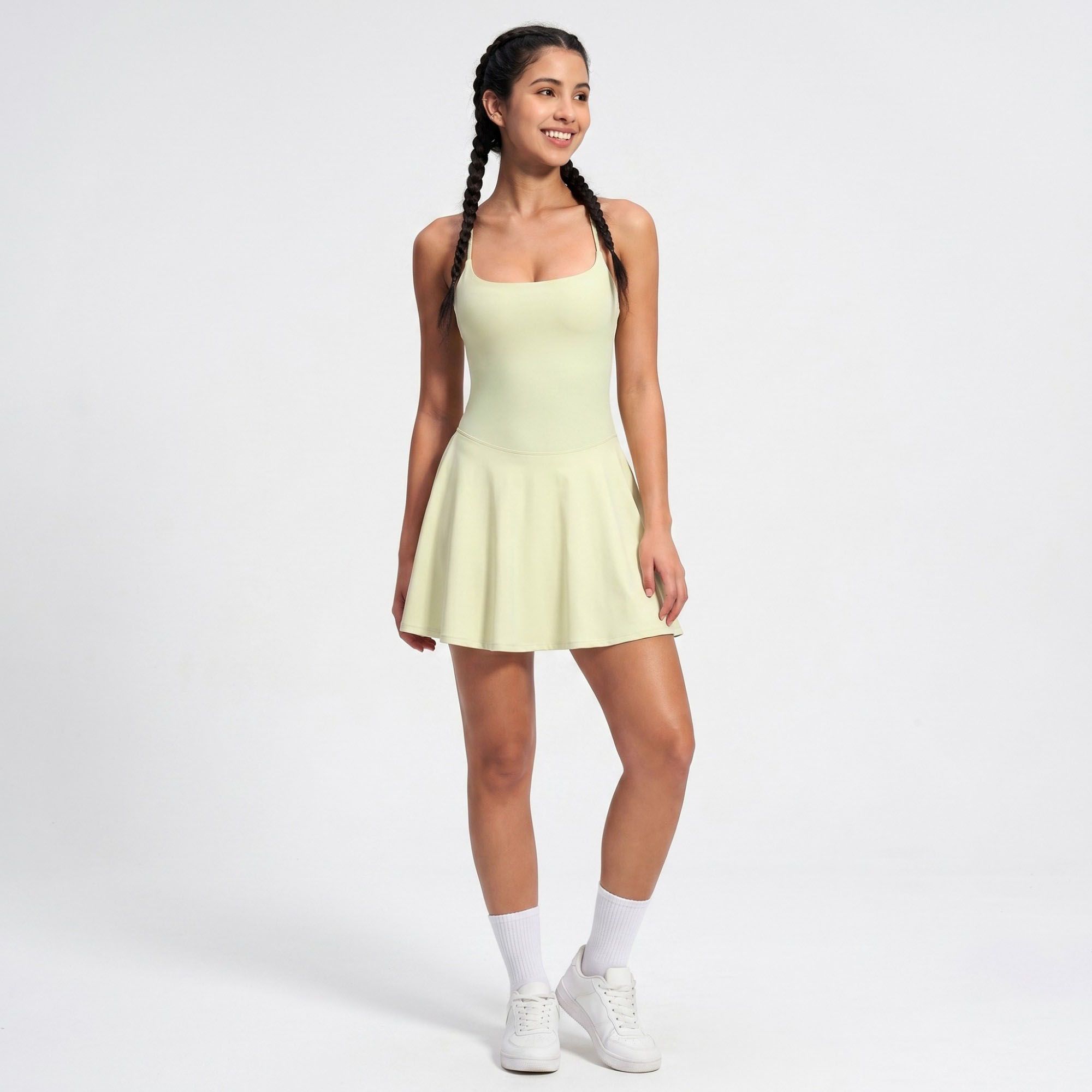 Cami Strap Active Dress Scoop Neck Flared Skirt Workout Yoga Tennis Dress