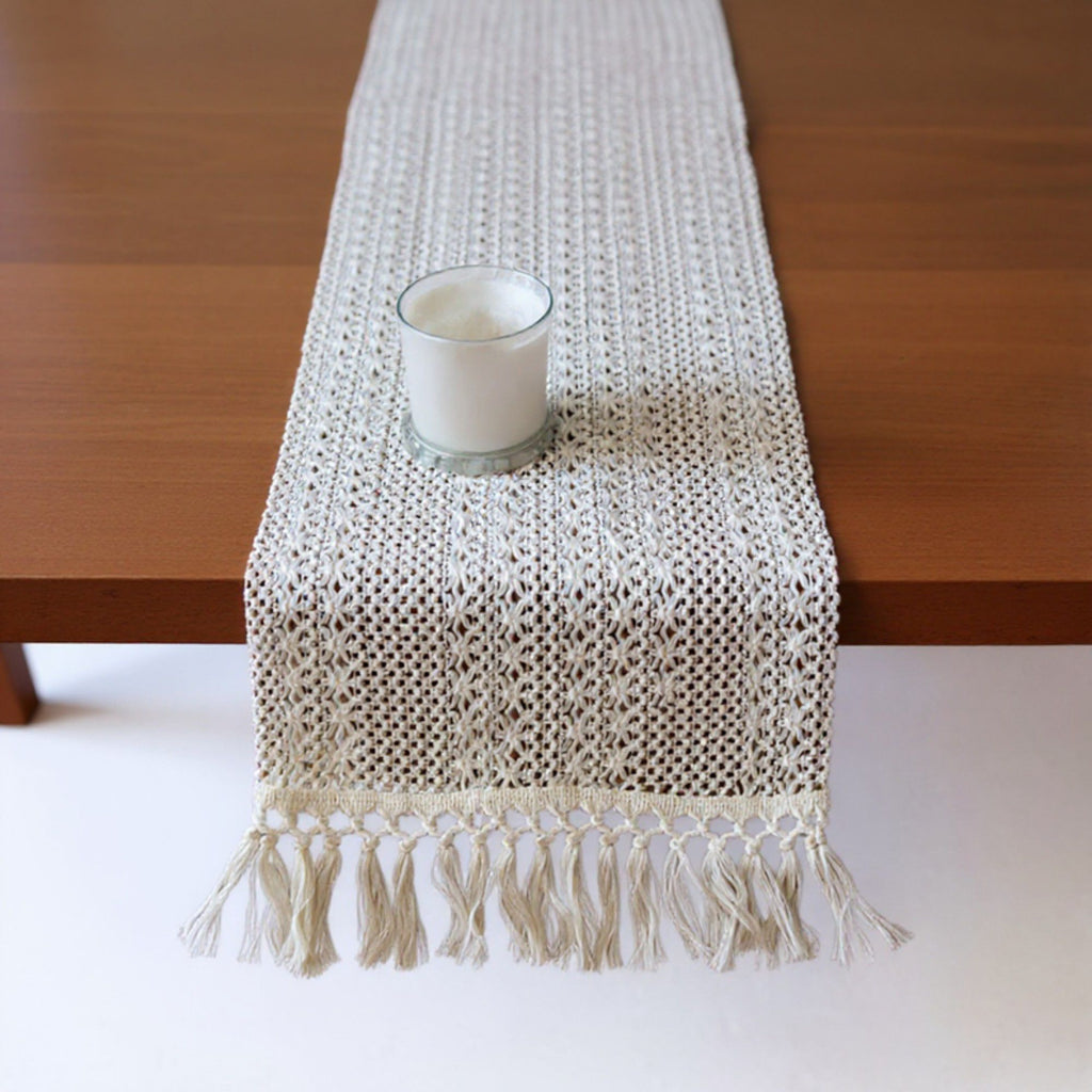 Textured Woven Table Runner with Fringe Edges and Bohemian Stripe Pattern 47x11.8 in