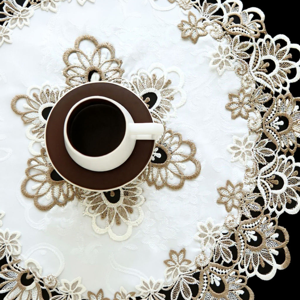 Round Embroidered Lace Doily with Floral Cutwork and Scalloped Edges 23.5in
