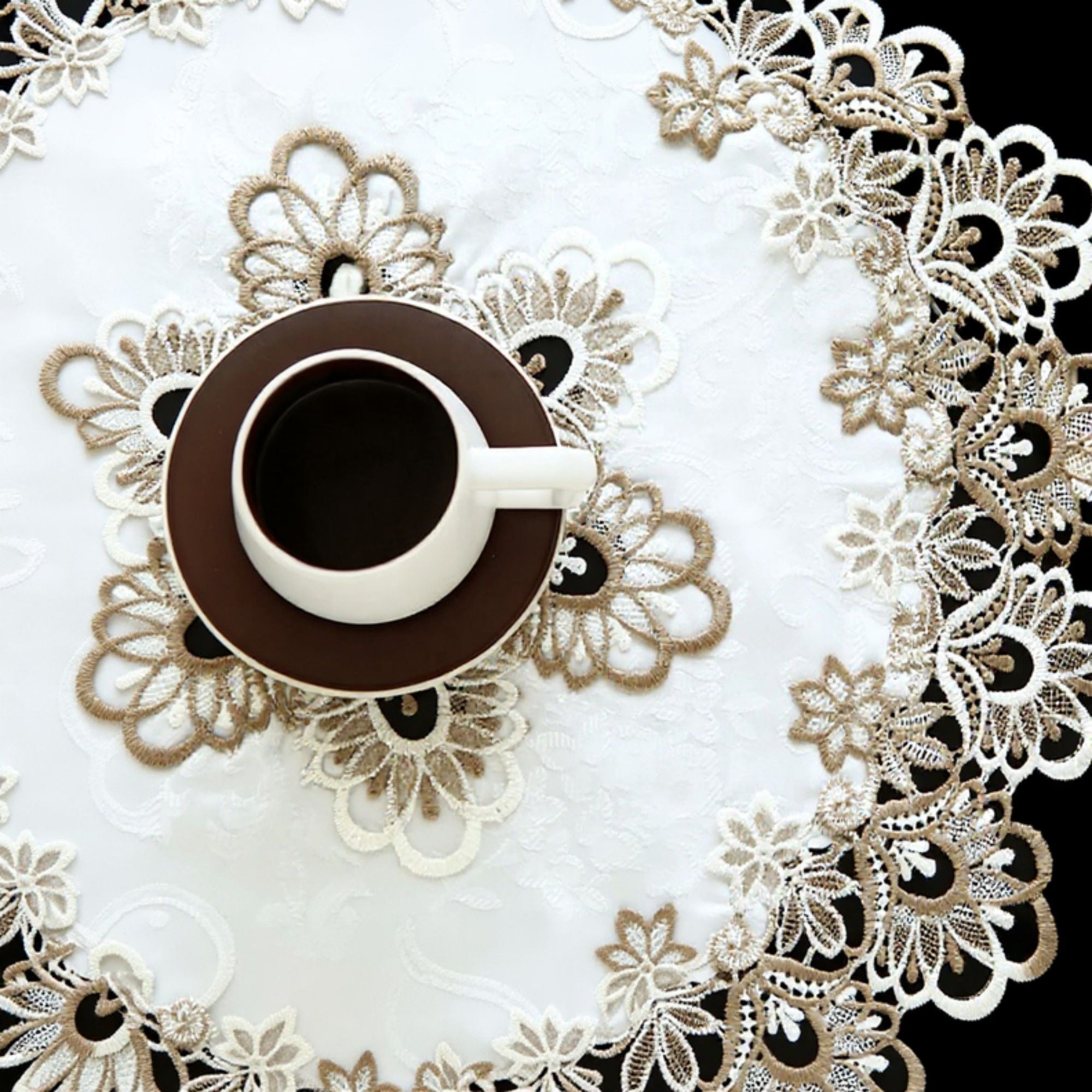 Round Embroidered Lace Doily with Floral Cutwork and Scalloped Edges 23.5in