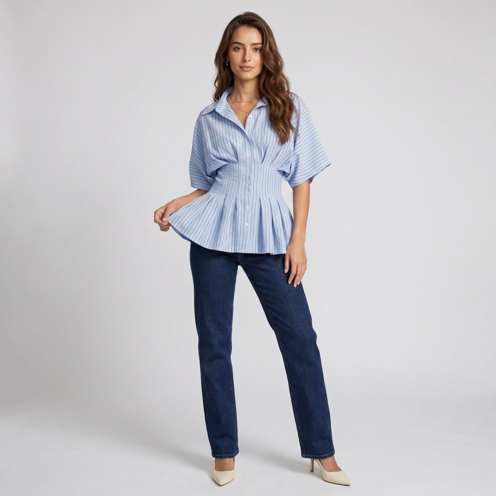 Anna-Kaci Women's Striped Button Front Peplum Blouse with Collared Neck and Pleated Hem
