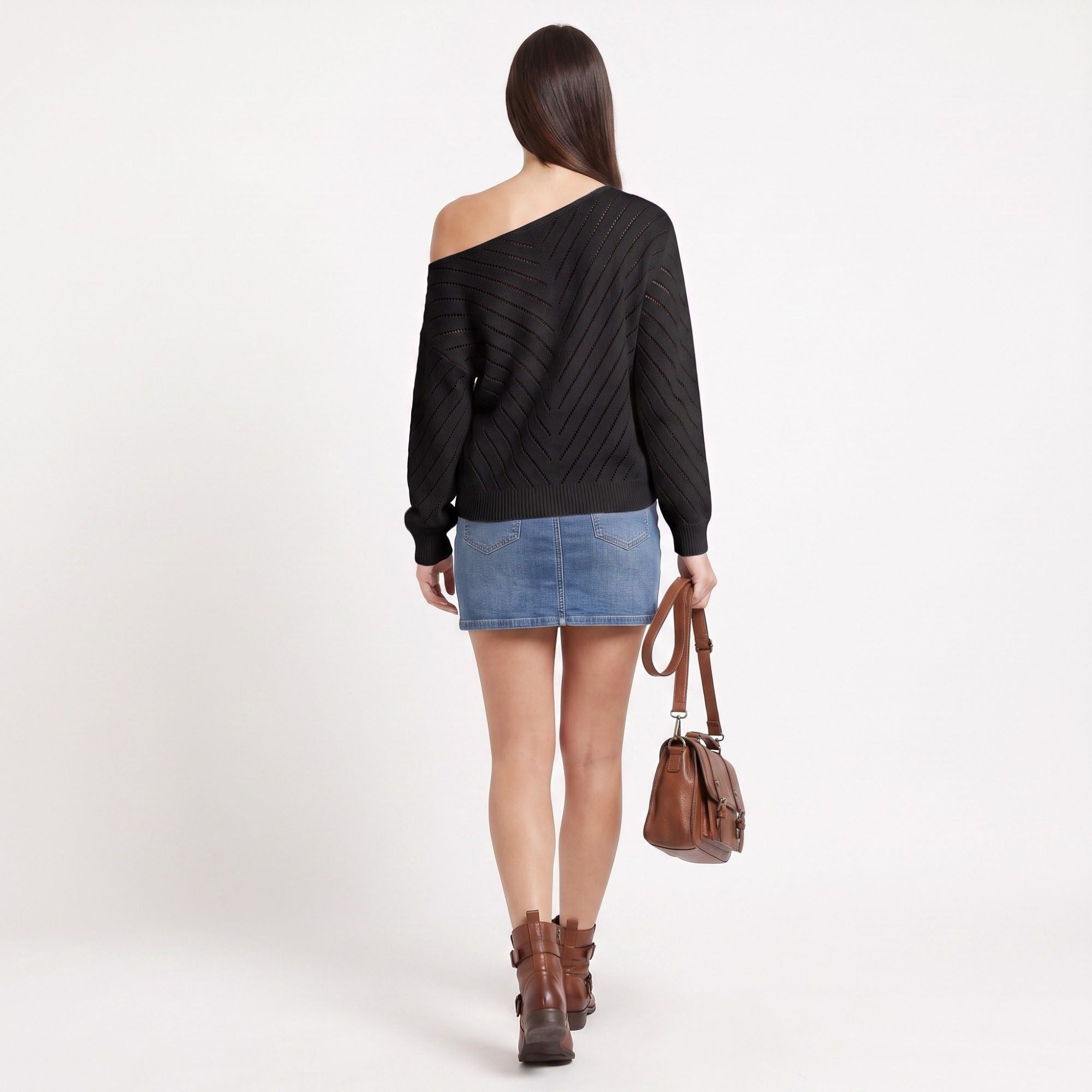 Chevron Pointelle V-Neck Long Sleeve Knit Sweater