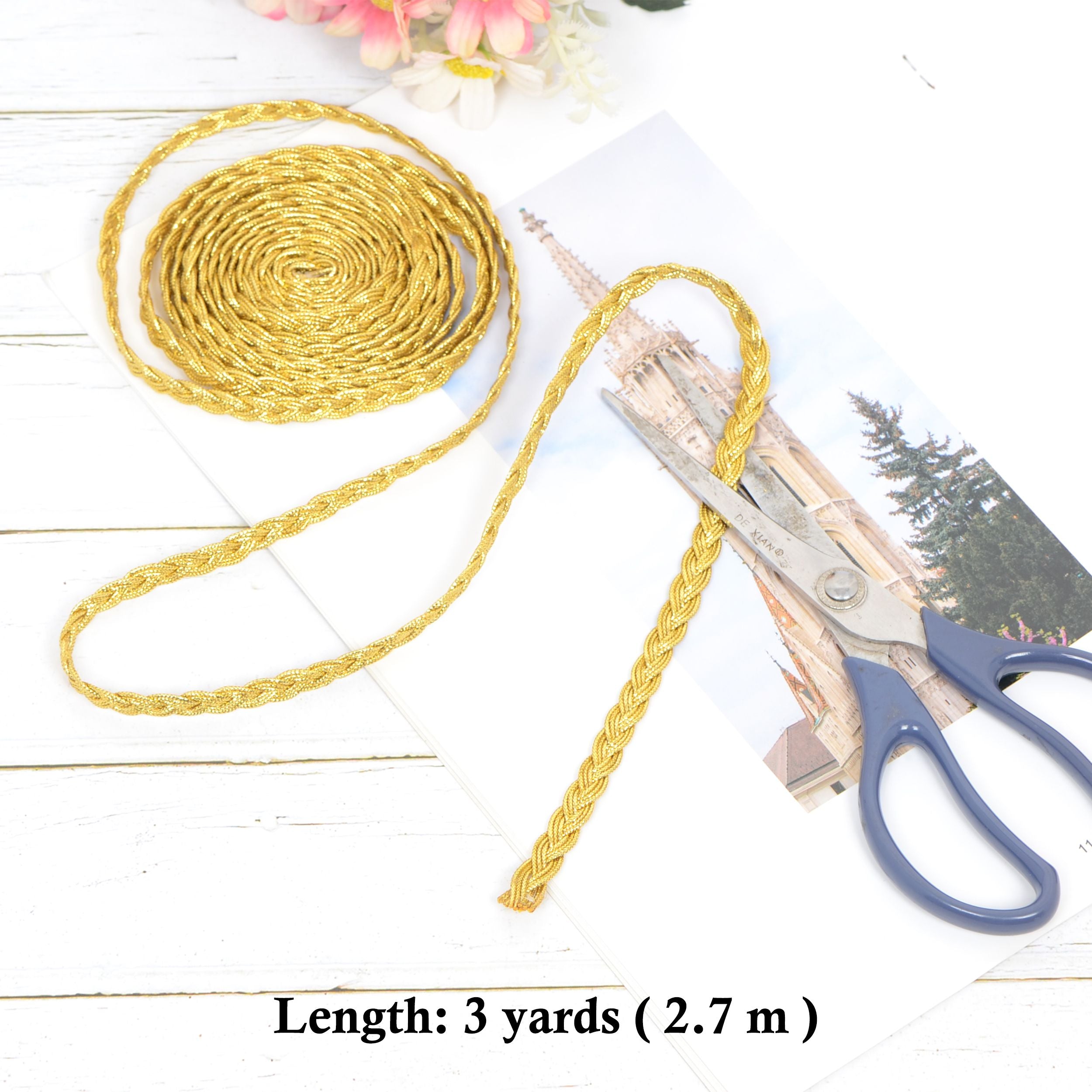 Gimp Braid Trim, 3 Yards 0.3 inch Metallic Woven Trim, Sewing DIY Craft Braid Ribbon for Hat Headband Costume Garment Decor Accessory