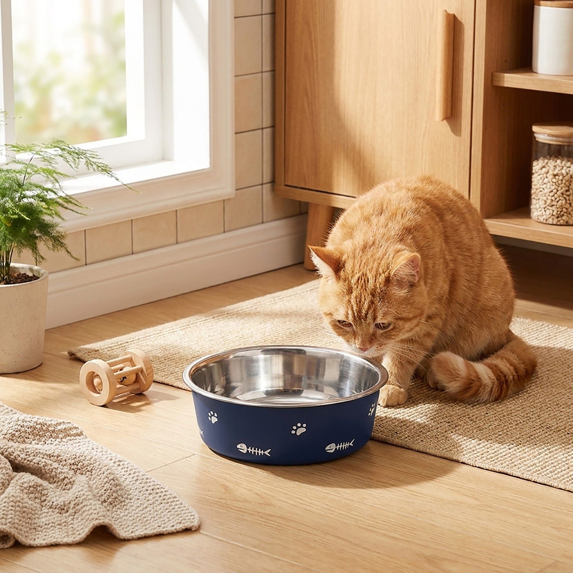 Stainless Steel Pet Bowl - Non-Slip Dog and Cat Food Dish with Paw Print Accent