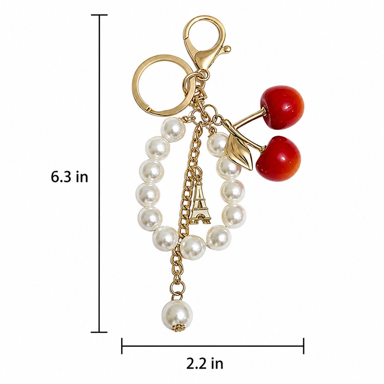Cherry Bag Charm Keychain with Faux Pearl Loop and Gold-Tone Clips
