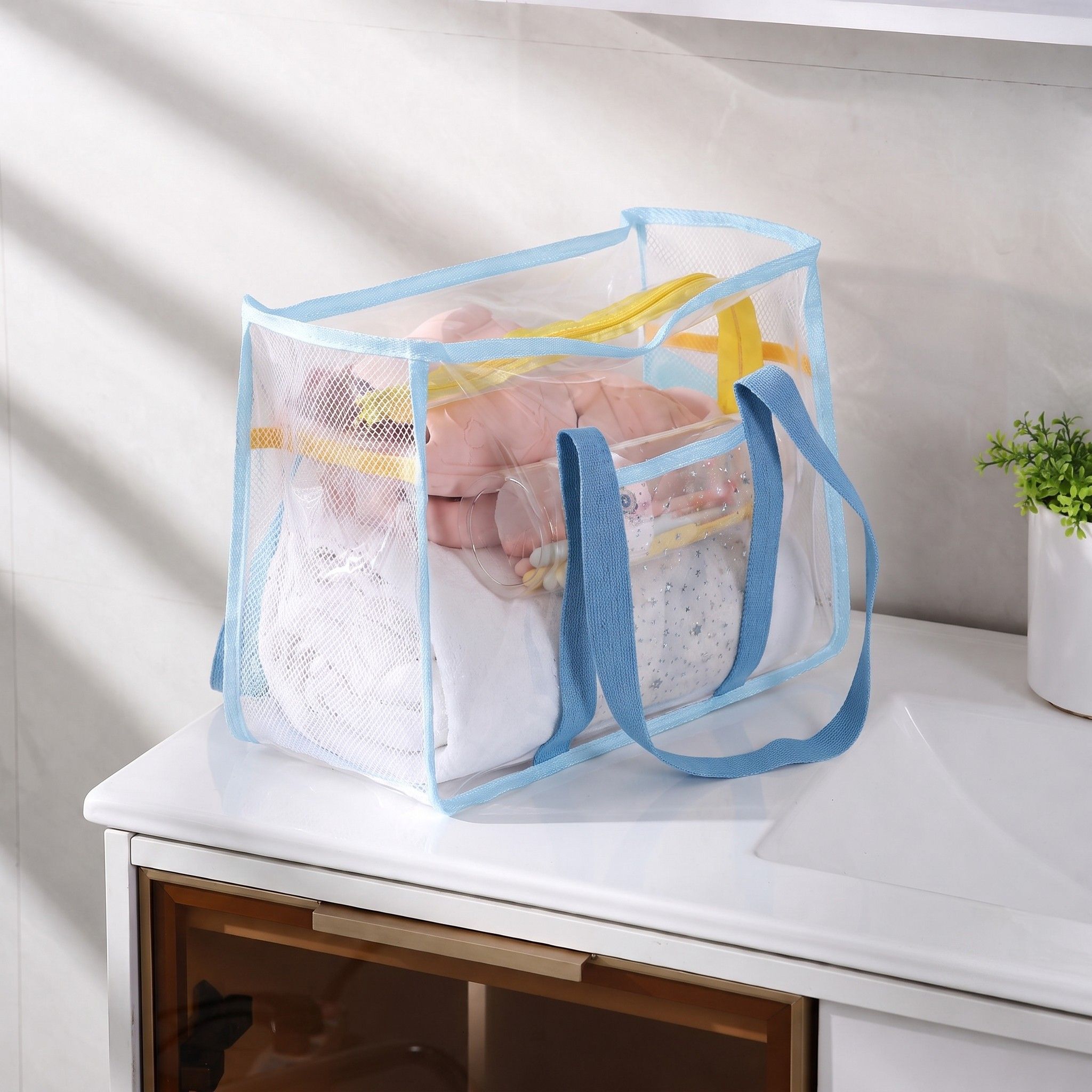 Clear PVC Beach Tote Bag with Front Pocket and Shoulder Handles