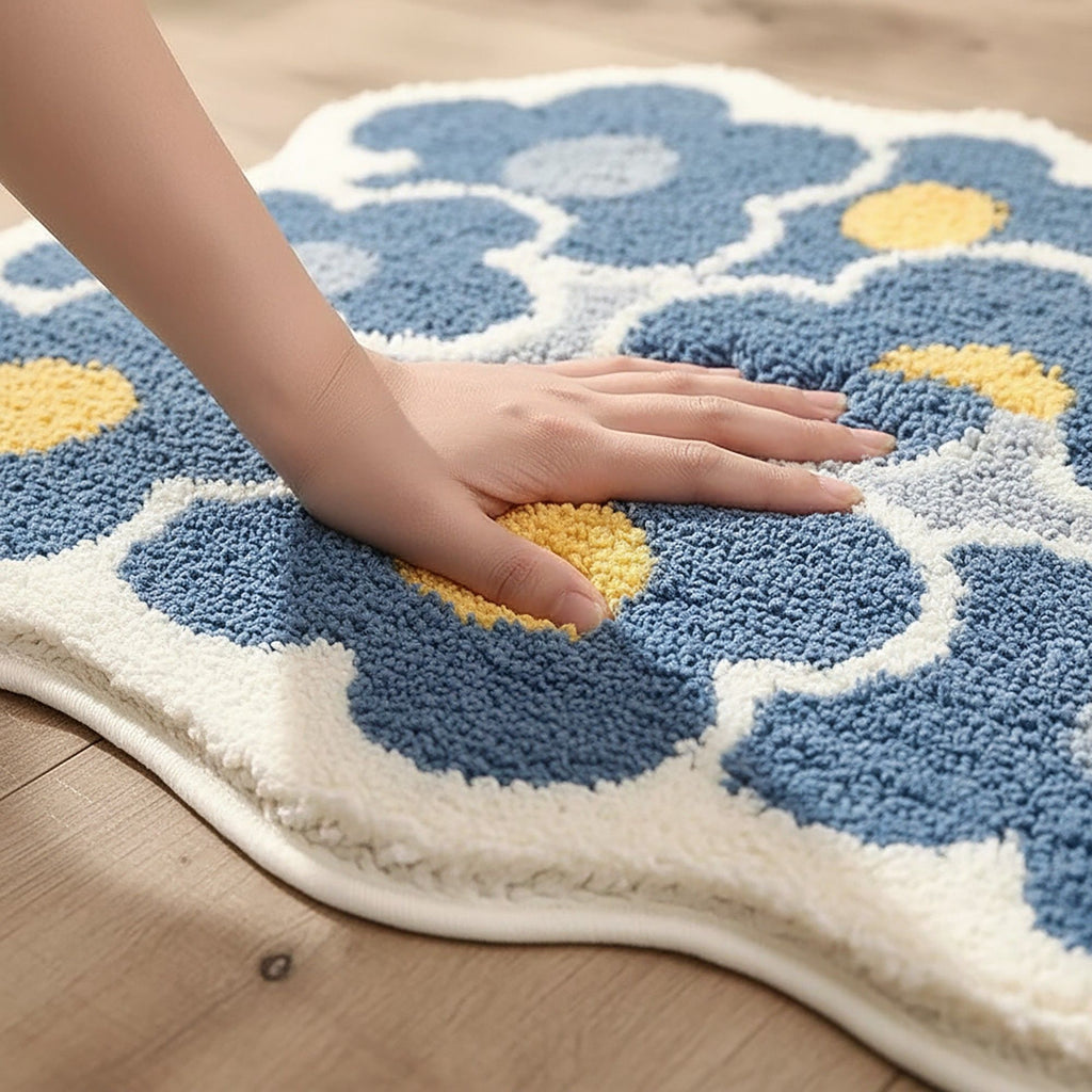 Tufted Floor Mat with Floral Daisy Pattern Non Slip Backing Soft Plush Decorative Scalloped Edge Rug