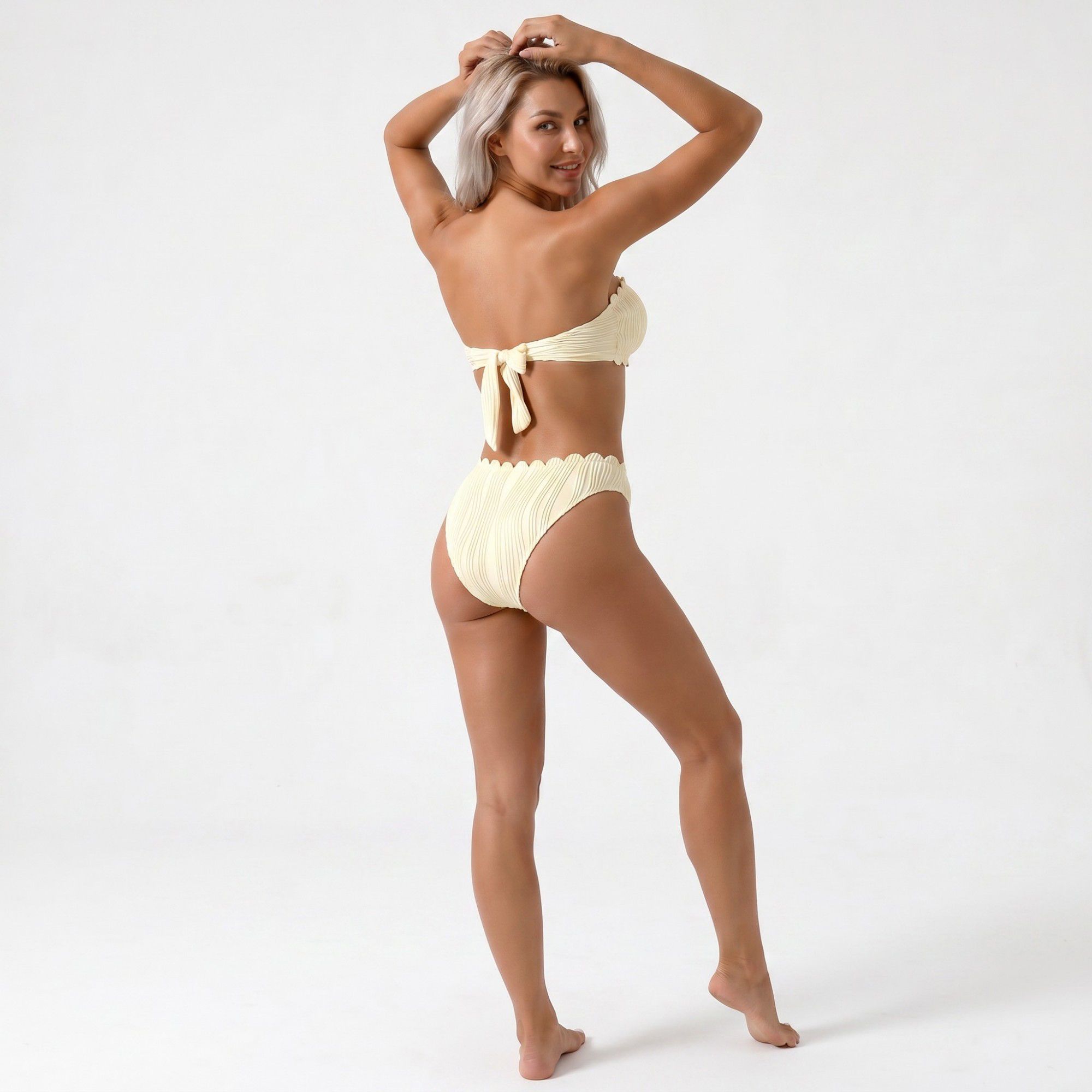 Anna-Kaci Swim Women's Bandeau Bikini Set with Textured Pleated Fabric and Scalloped Trim