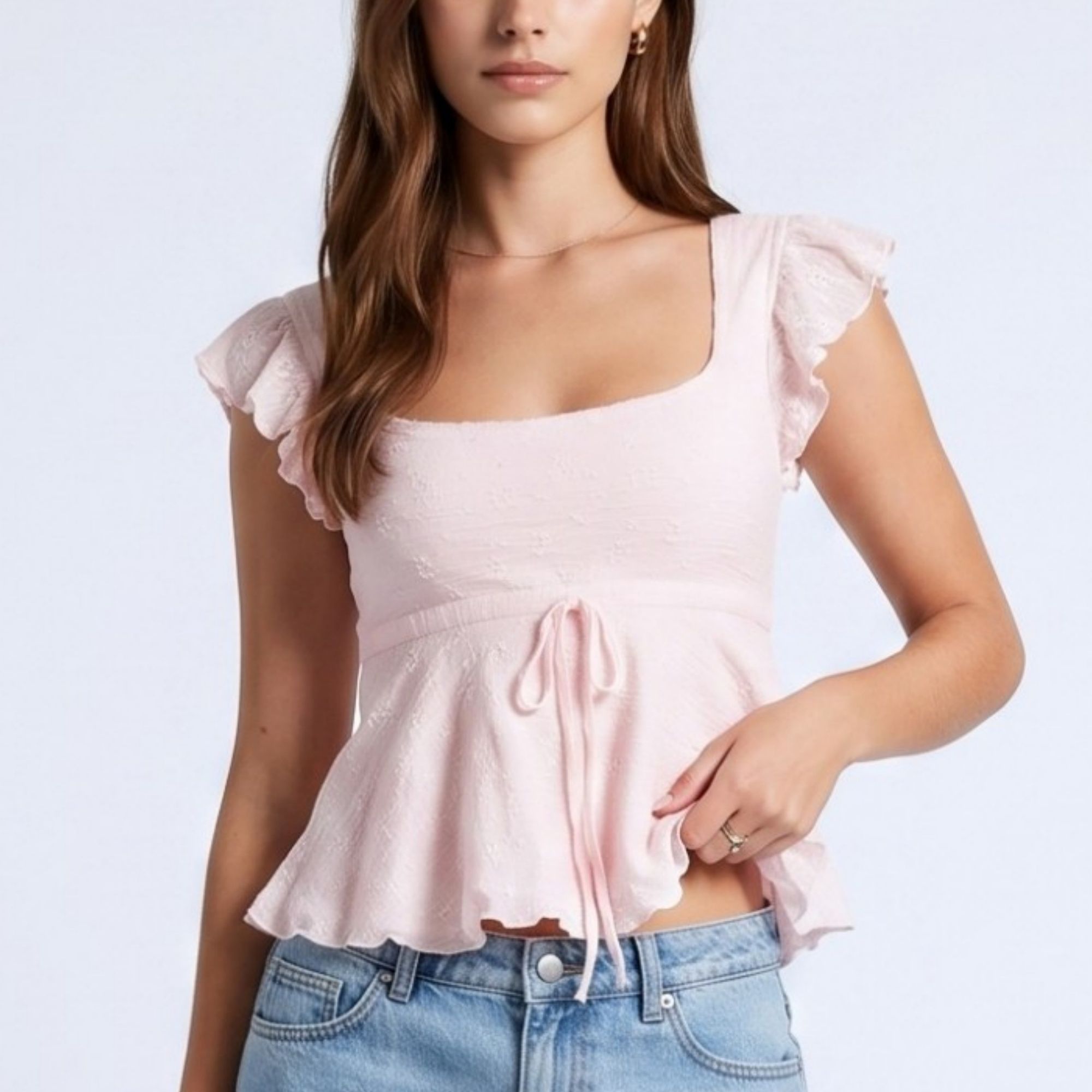 Anna-Kaci Women's Square Neck Peplum Top with Ruffle Sleeves and Front Tie Detail