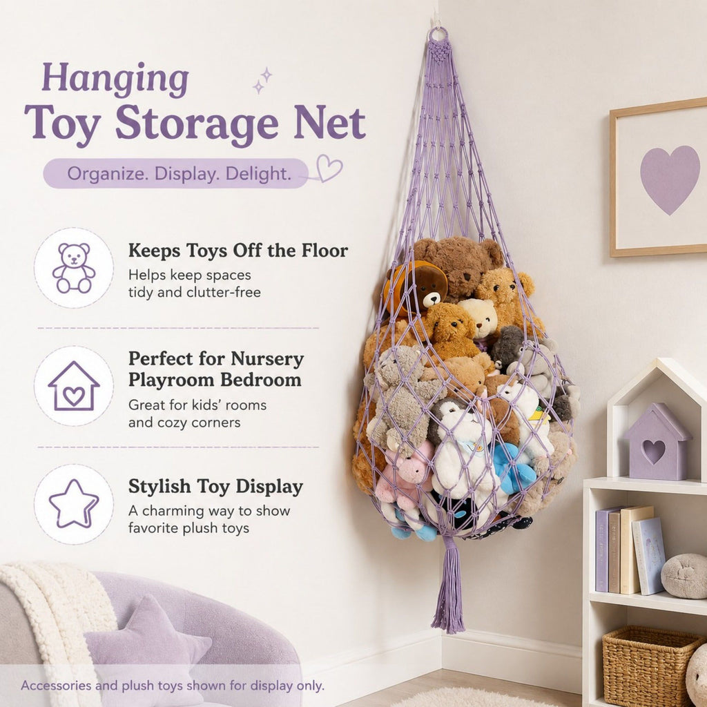 Macrame Hanging Stuffed Animal Storage Net Cotton Rope Corner Organizer