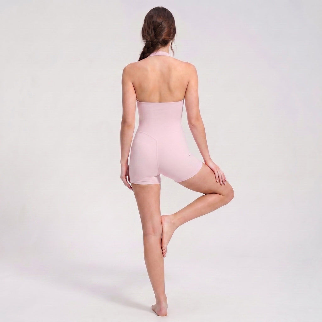 Halter Neck Active Romper Sleeveless Open Back Workout Yoga One Piece Shorts Jumpsuit