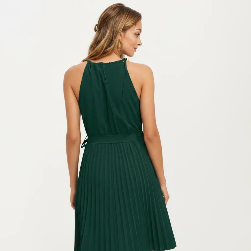 Anna-Kaci Women's Sleeveless Halter Midi Dress with Pleated Skirt and Waist Tie