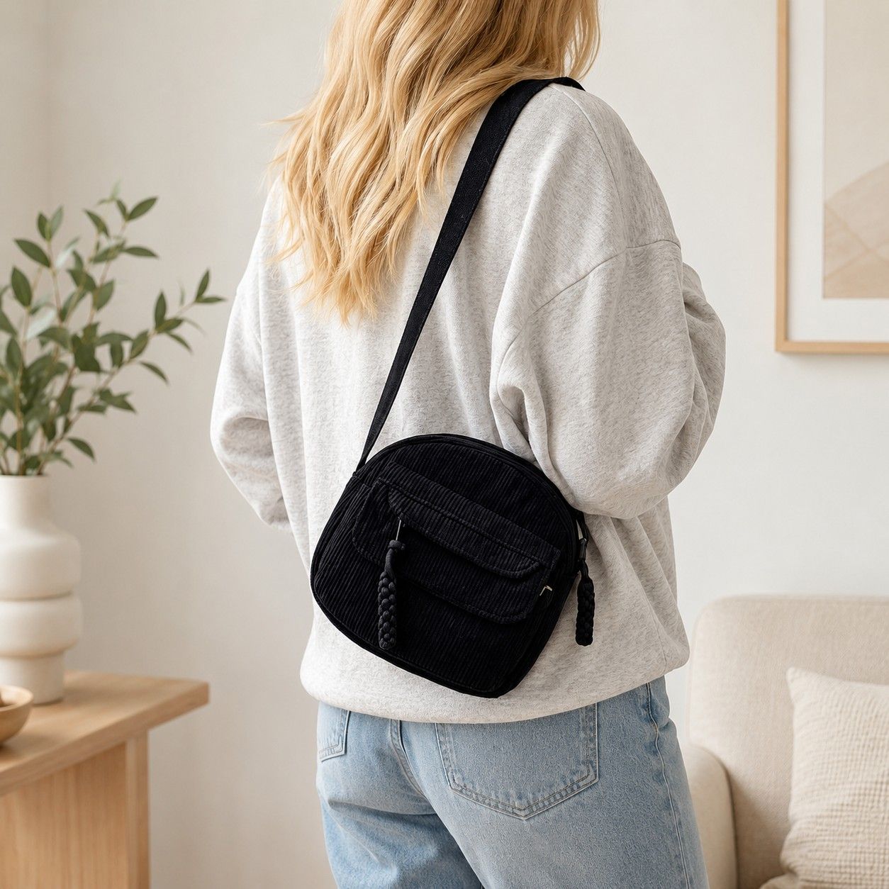 Corduroy Crossbody Bag with Front Pocket Adjustable Strap and Zip Closure