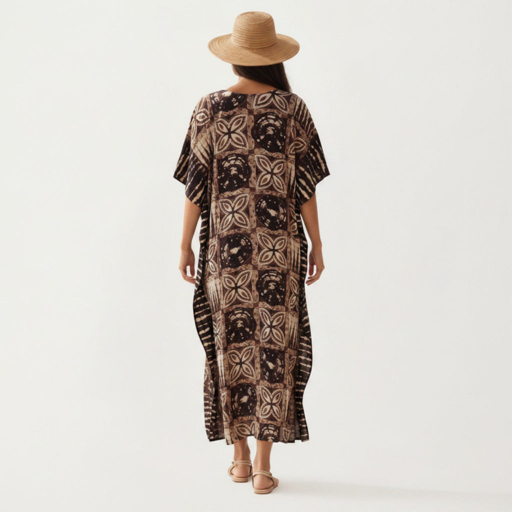 Anna-Kaci Women's Geometric Print Maxi Caftan Dress with V-Neckline Relaxed Fit and Draped Silhouette