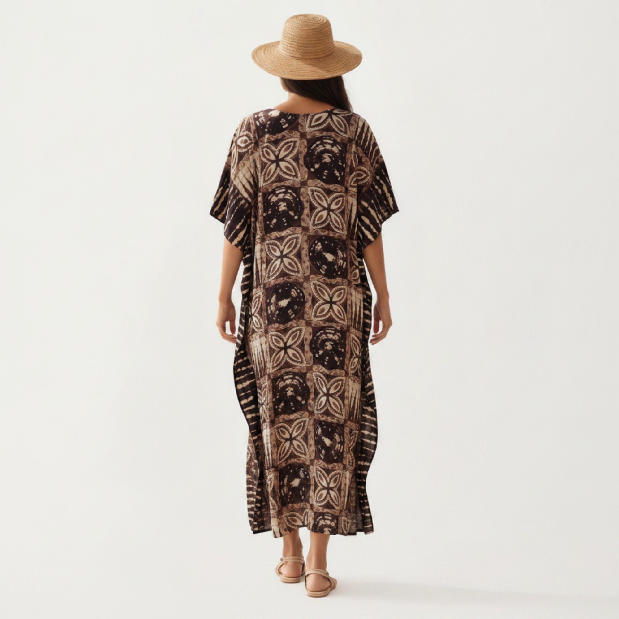 Anna-Kaci Women's Geometric Print Maxi Caftan Dress with V-Neckline Relaxed Fit and Draped Silhouette