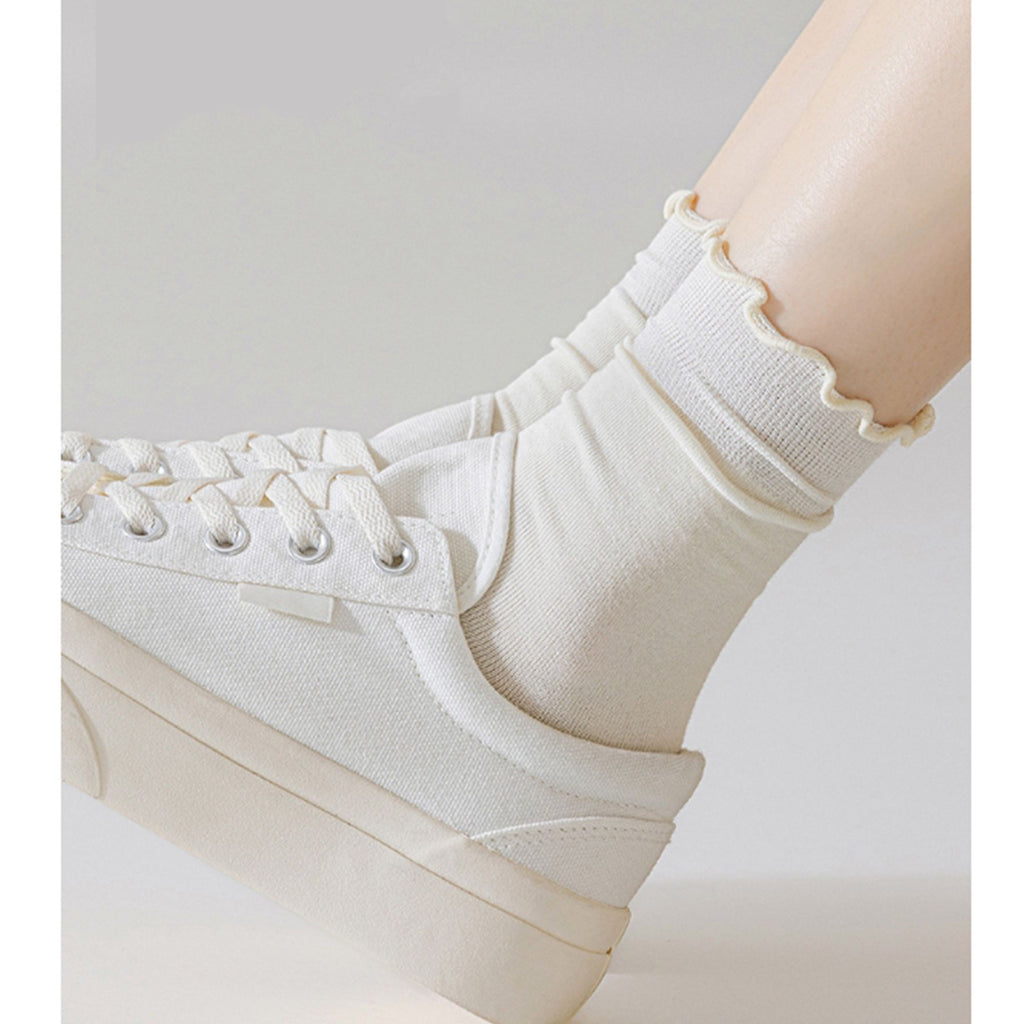 Anna-Kaci 4 Pairs Women's Ruffle Edge Crew Socks Soft Stretch Cotton Blend with High Elastic Cuffs in Assorted Solid Colors