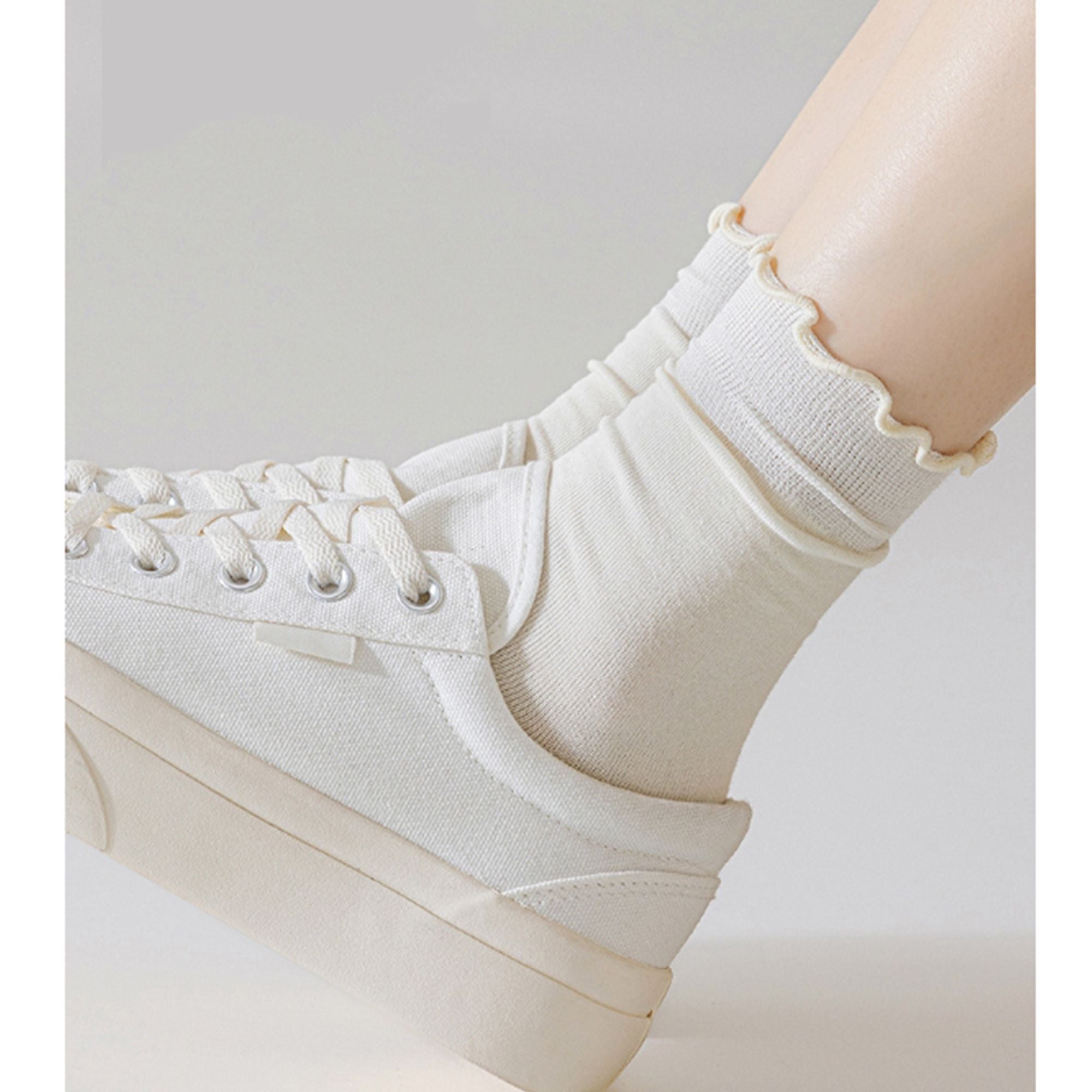 Anna-Kaci 4 Pairs Women's Ruffle Edge Crew Socks Soft Stretch Cotton Blend with High Elastic Cuffs in Assorted Solid Colors