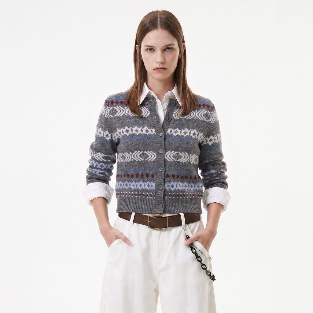 Geometric Pattern Button Front Knit Cardigan Sweater