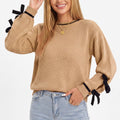 Pointelle Knit Bow Sleeve Crew Neck Long Sleeve Sweater