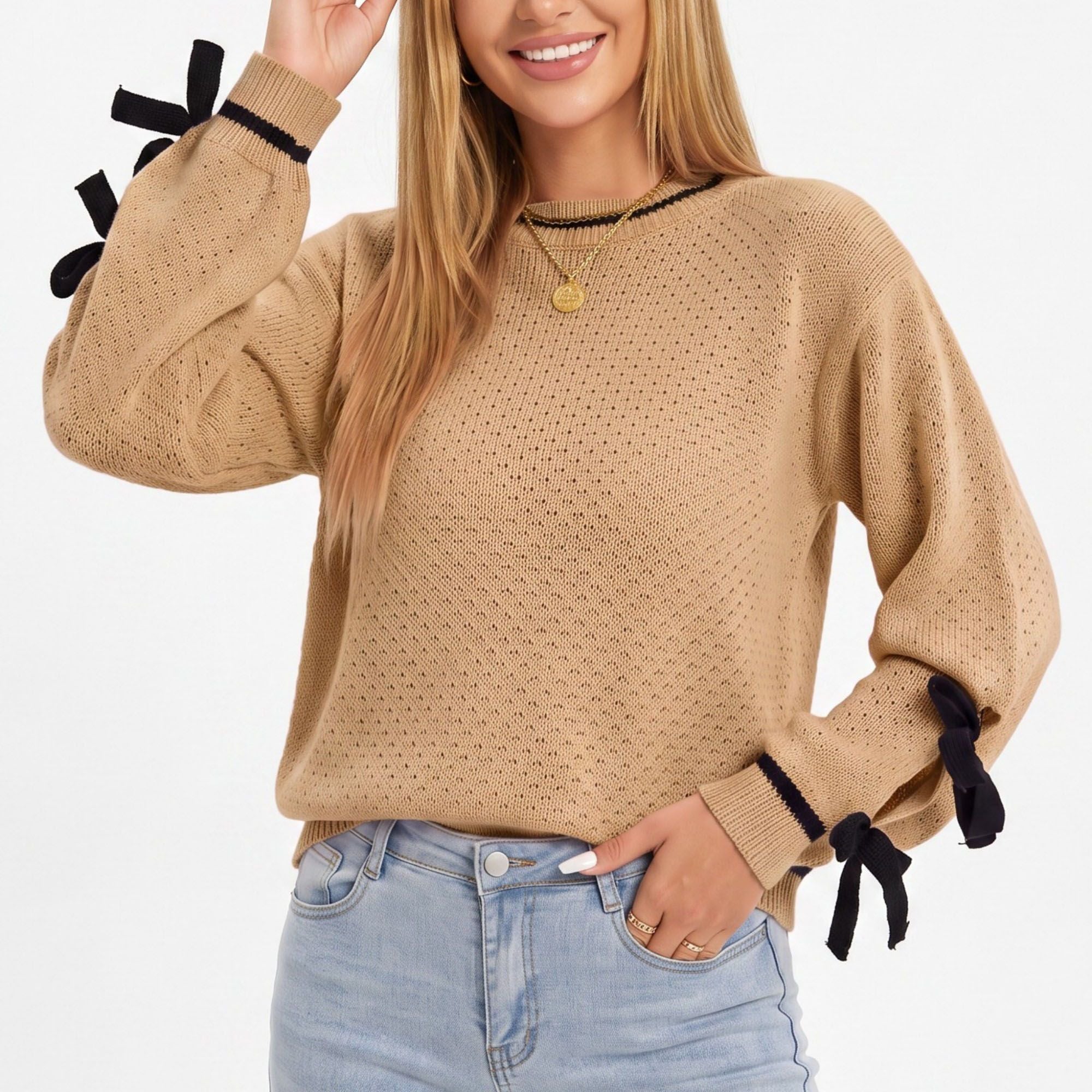 Pointelle Knit Bow Sleeve Crew Neck Long Sleeve Sweater