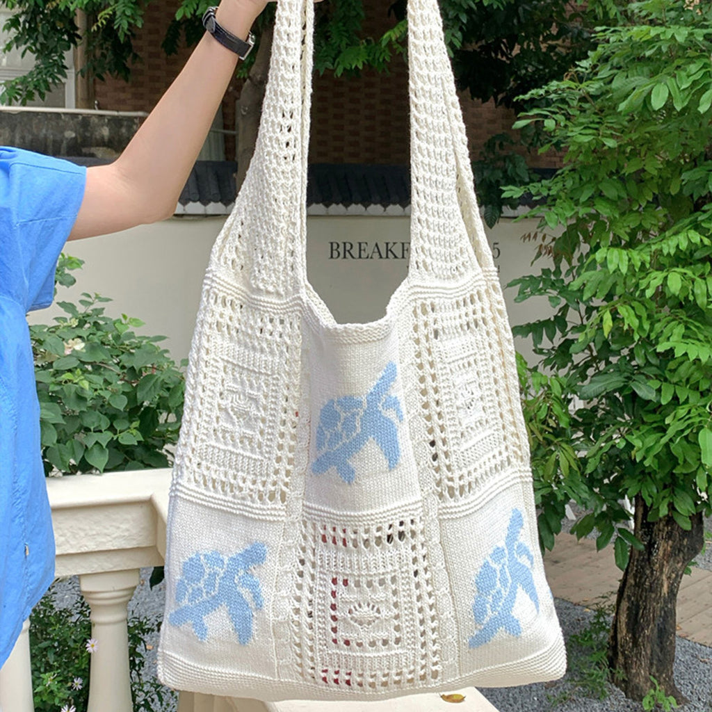 Knit Tote Bag Floral Pattern Shoulder Bag Open Top Casual Everyday Carry Handbag