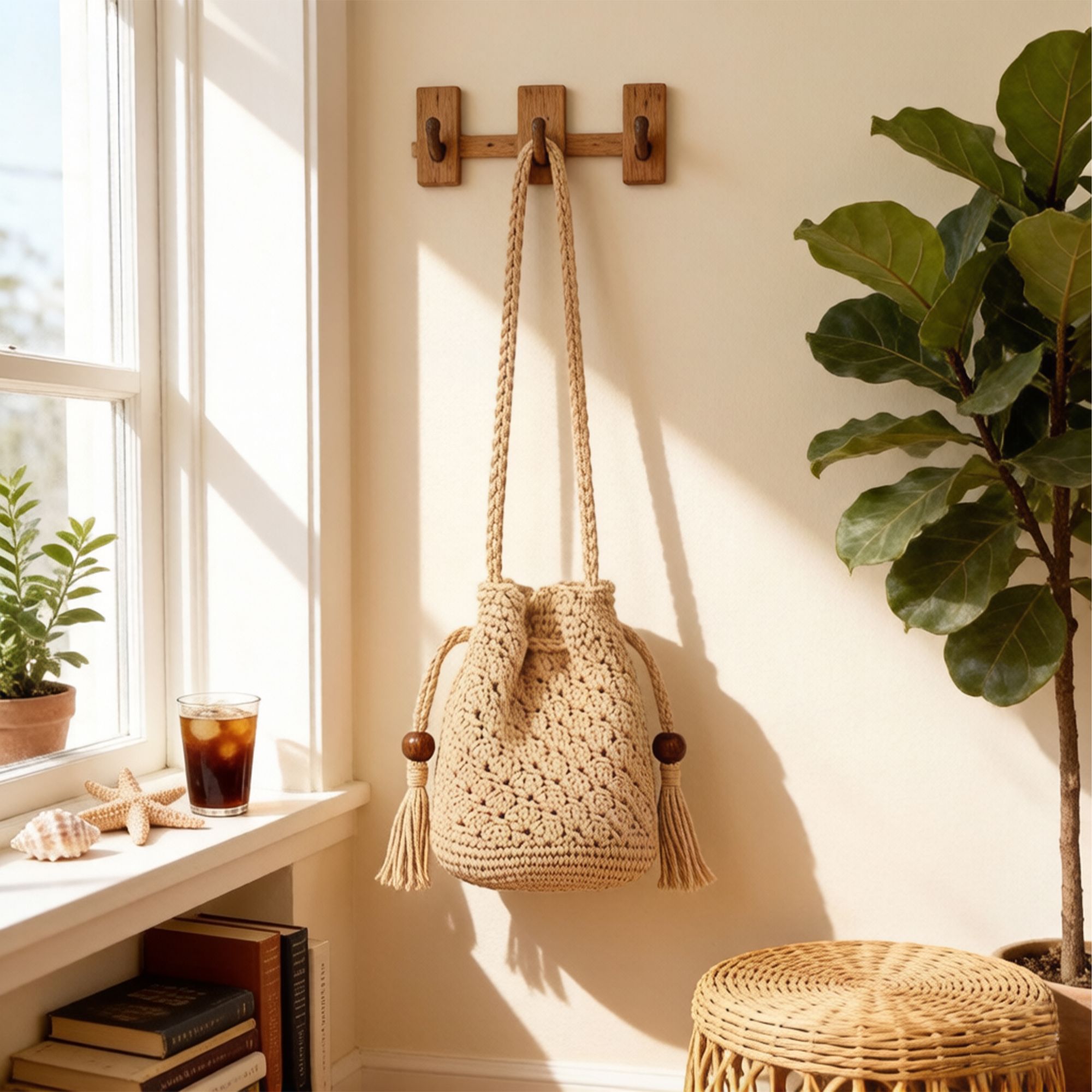 Crochet Bucket Bag with Drawstring Closure Tassel Detail Long Strap Knit Crossbody Handbag