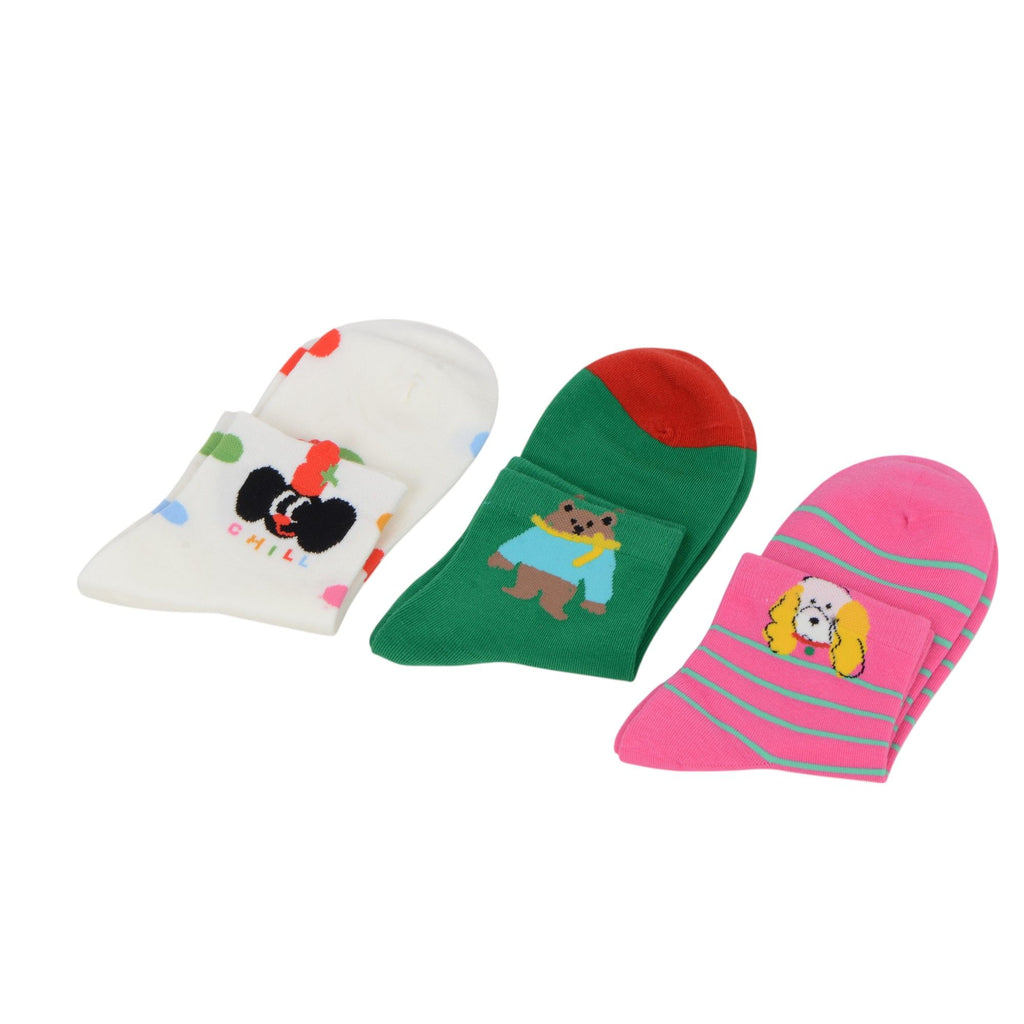 Anna-Kaci Renaissance Women 3-Pair Ankle Socks Set Assorted Patterns Featuring Colorblock, Cartoon Characters, and Butterfly Prints