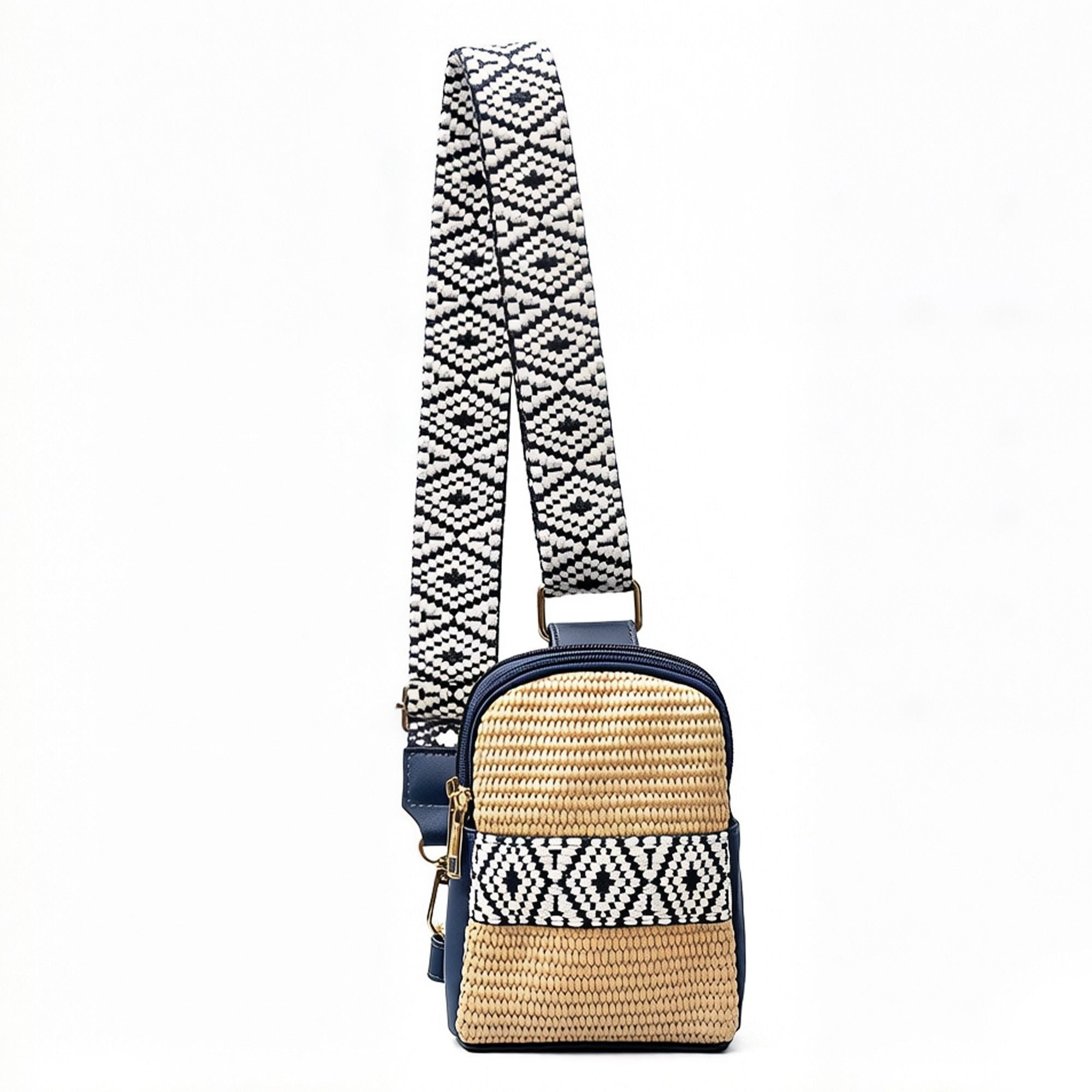Woven Straw Crossbody Bag with Pattern Strap Small Mini Shoulder Handbag Zipper Closure
