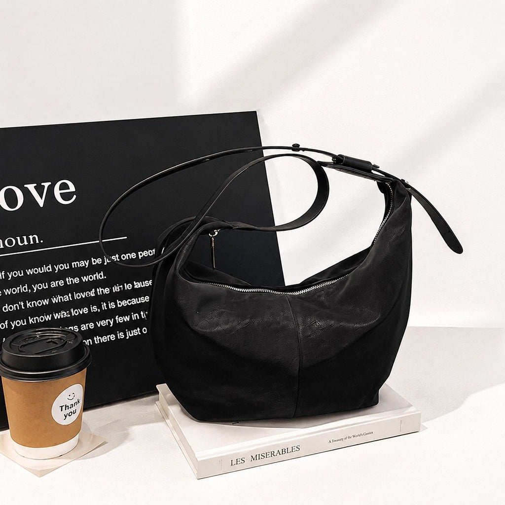 Soft Faux Leather Crescent Shoulder Bag Adjustable Strap Slouchy Everyday Crossbody Purse