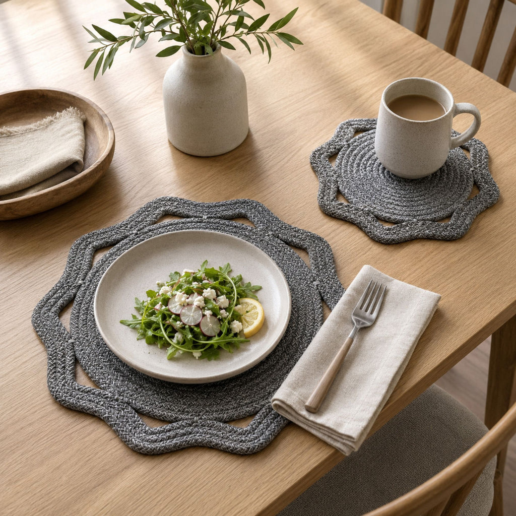 Woven Cotton Cord Octagonal Placemat and Coaster 2-Piece Set