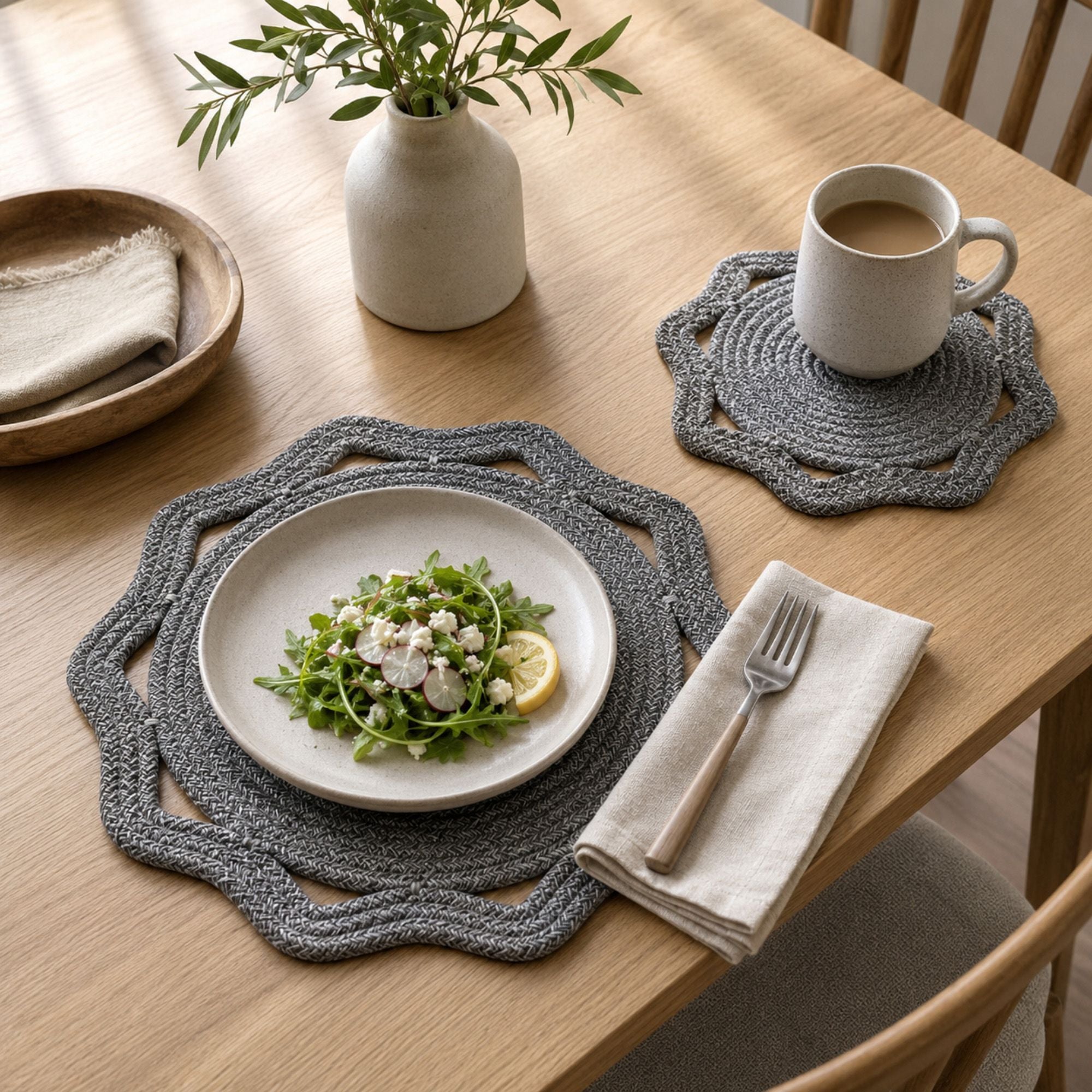 Woven Cotton Cord Octagonal Placemat and Coaster 2-Piece Set