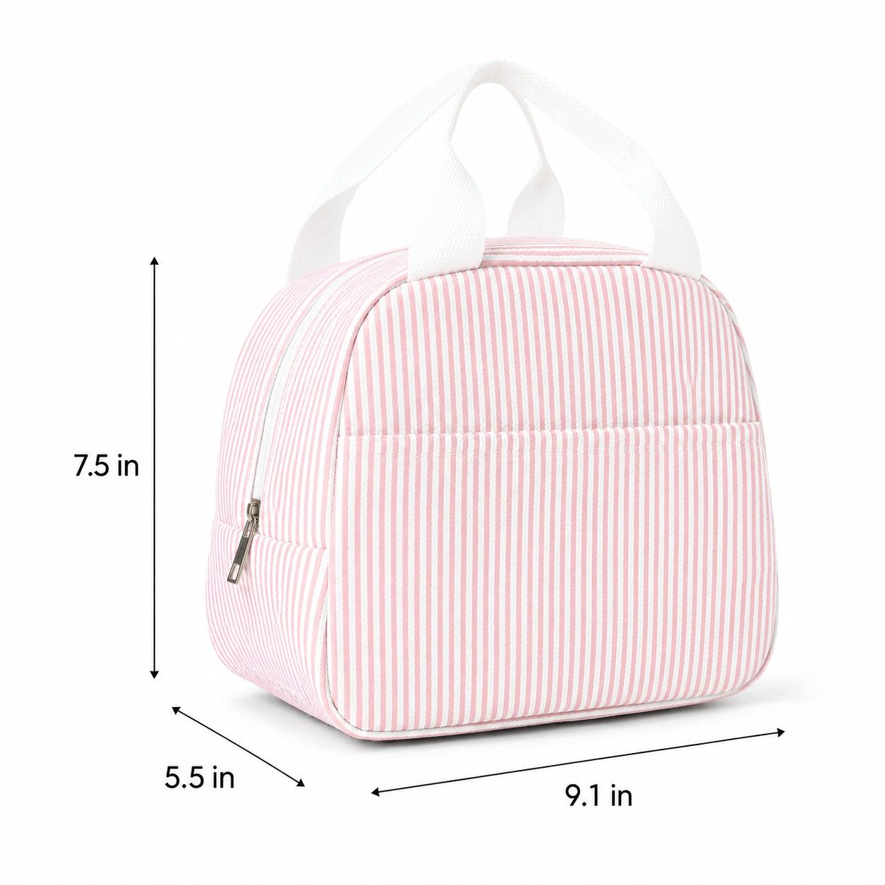 Striped Insulated Lunch Tote Bag with Front Pocket and Zip Closure