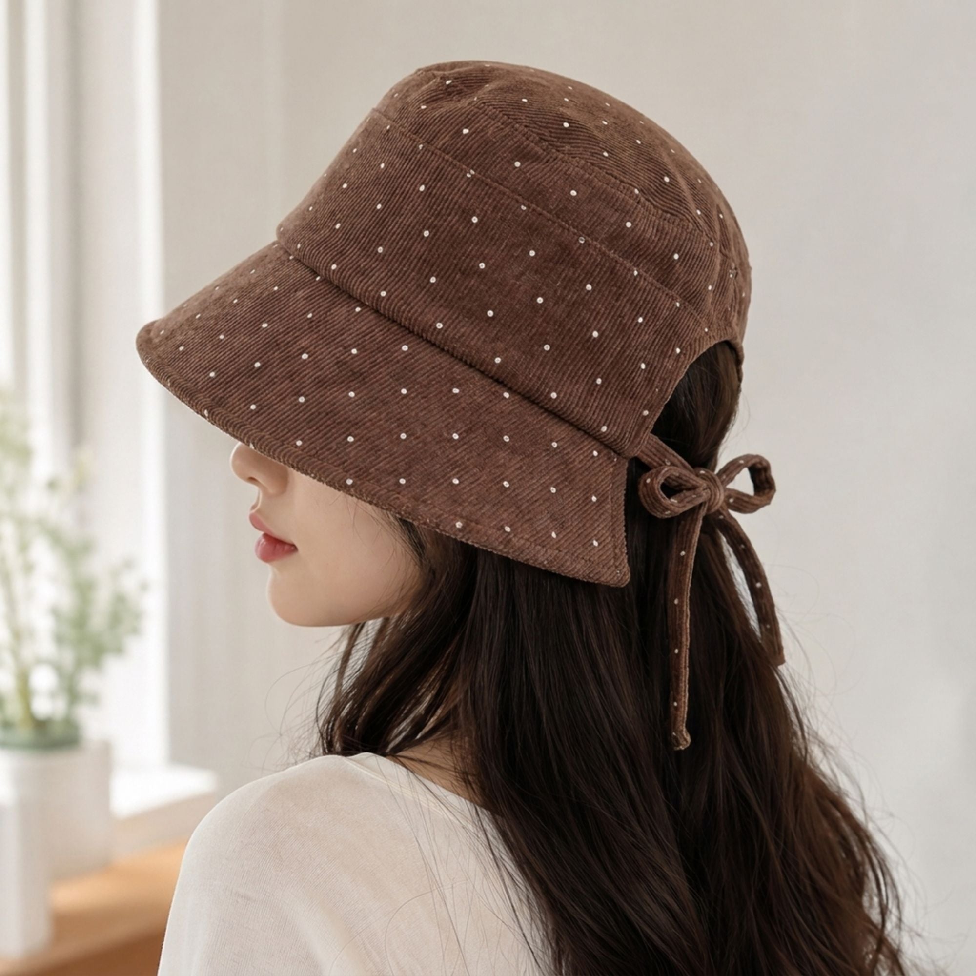 Polka Dot Corduroy Bucket Hat Wide Brim Tie Back Sun Hat