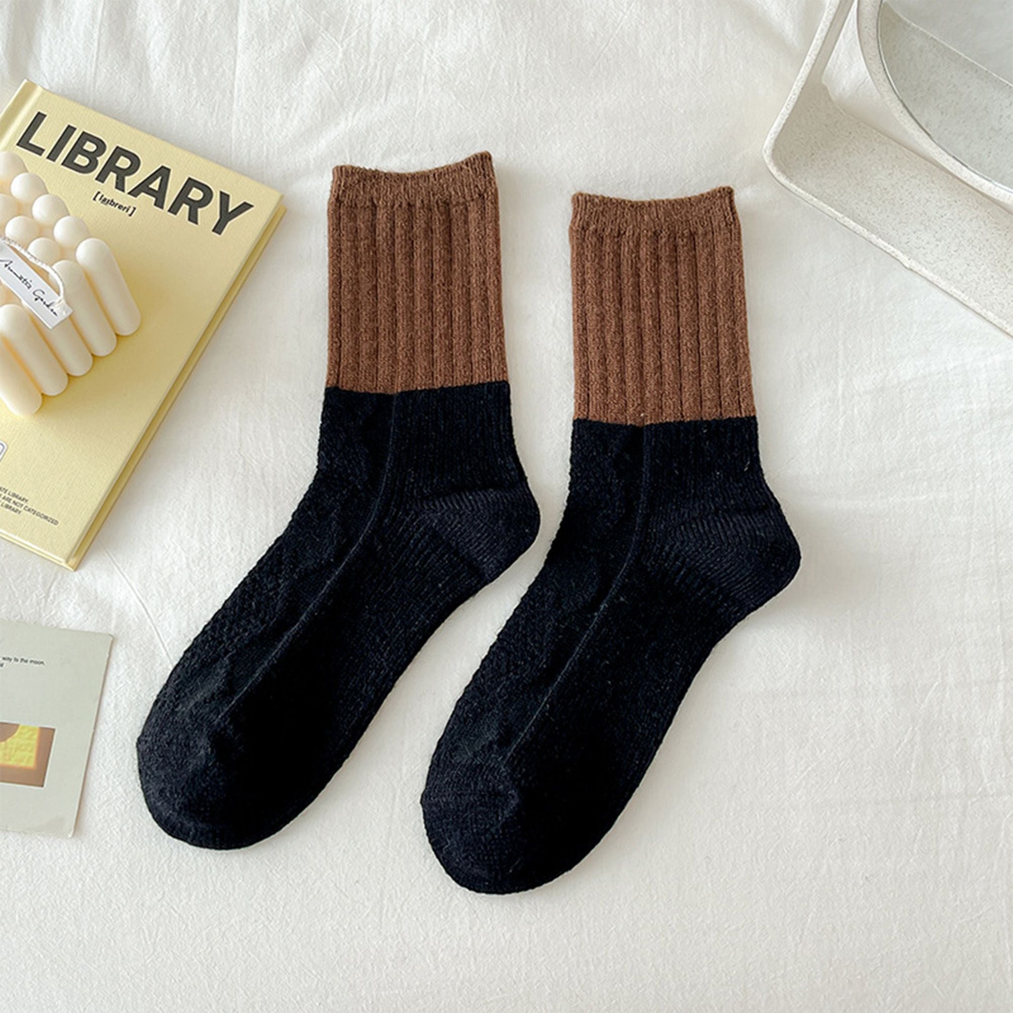 Anna-Kaci 3-PC Ribbed Crew Socks with Color Block Design Soft Knit Texture Comfortable Everyday Fit Single Pair