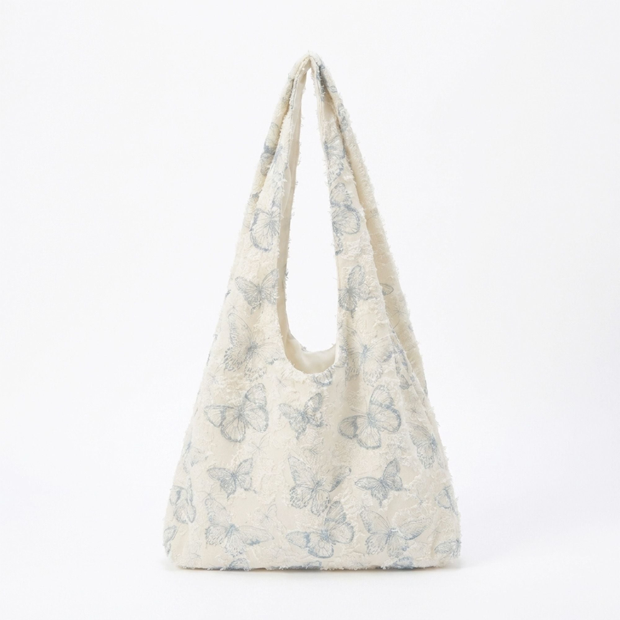 Butterfly Print Hobo Tote Bag with Lace Texture and Shoulder Handle