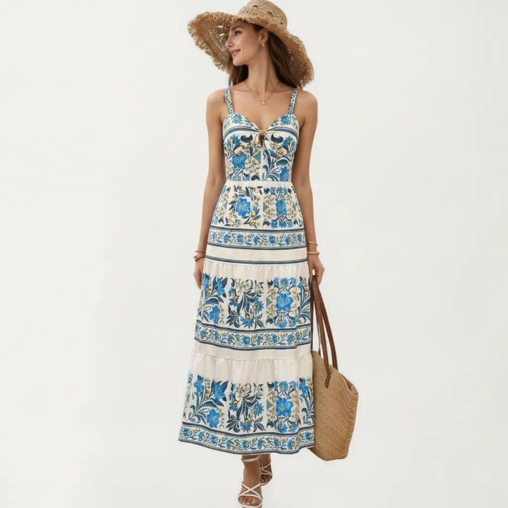 Anna-Kaci Women's Sleeveless Maxi Dress with Adjustable Straps Tiered Skirt Printed Design Flowy Fit