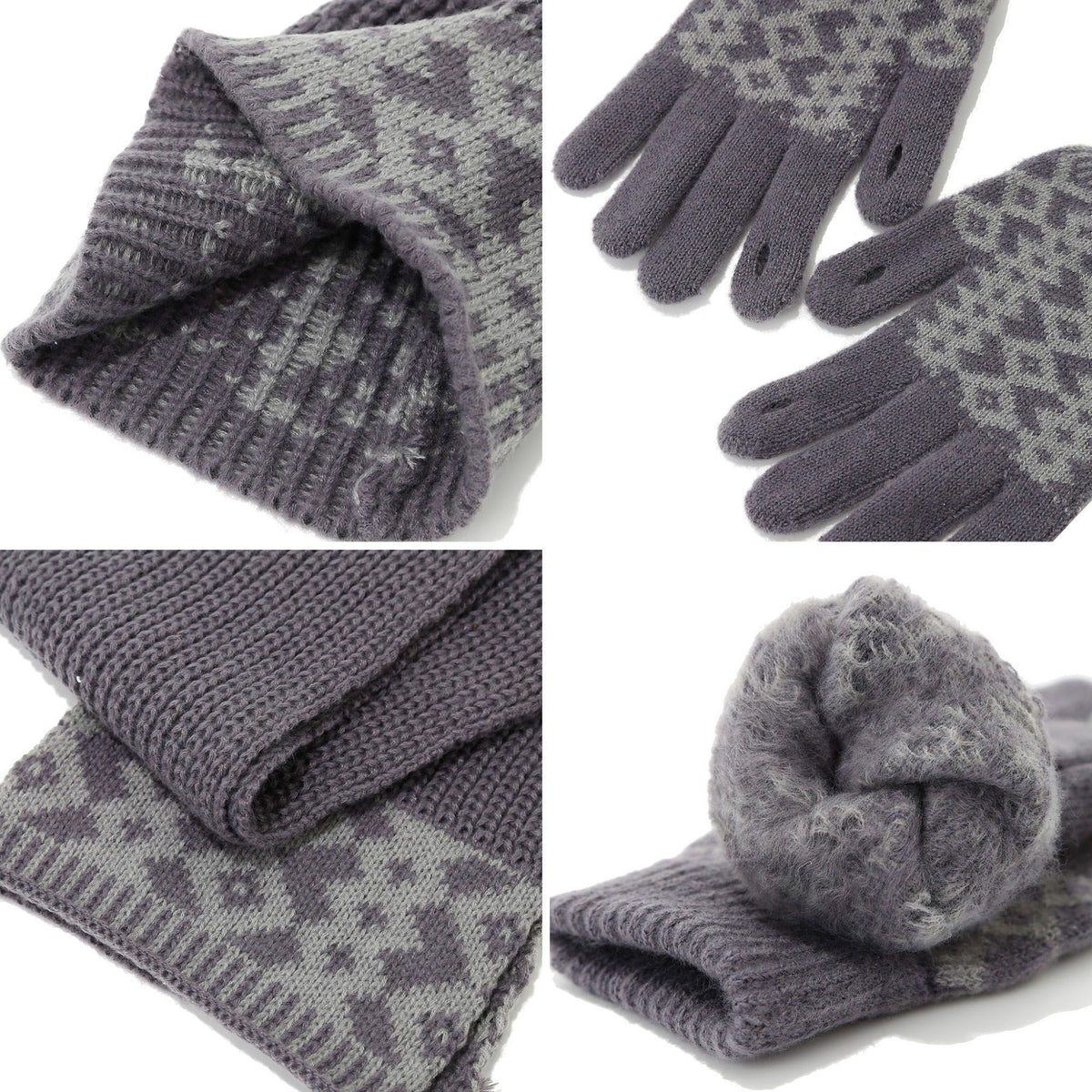 3 Piece Knit Winter Hat Scarf and Gloves Set with Geometric Pattern