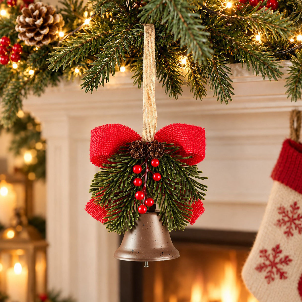 Christmas Bell Ornament with Bow Pinecones Berries and Greenery