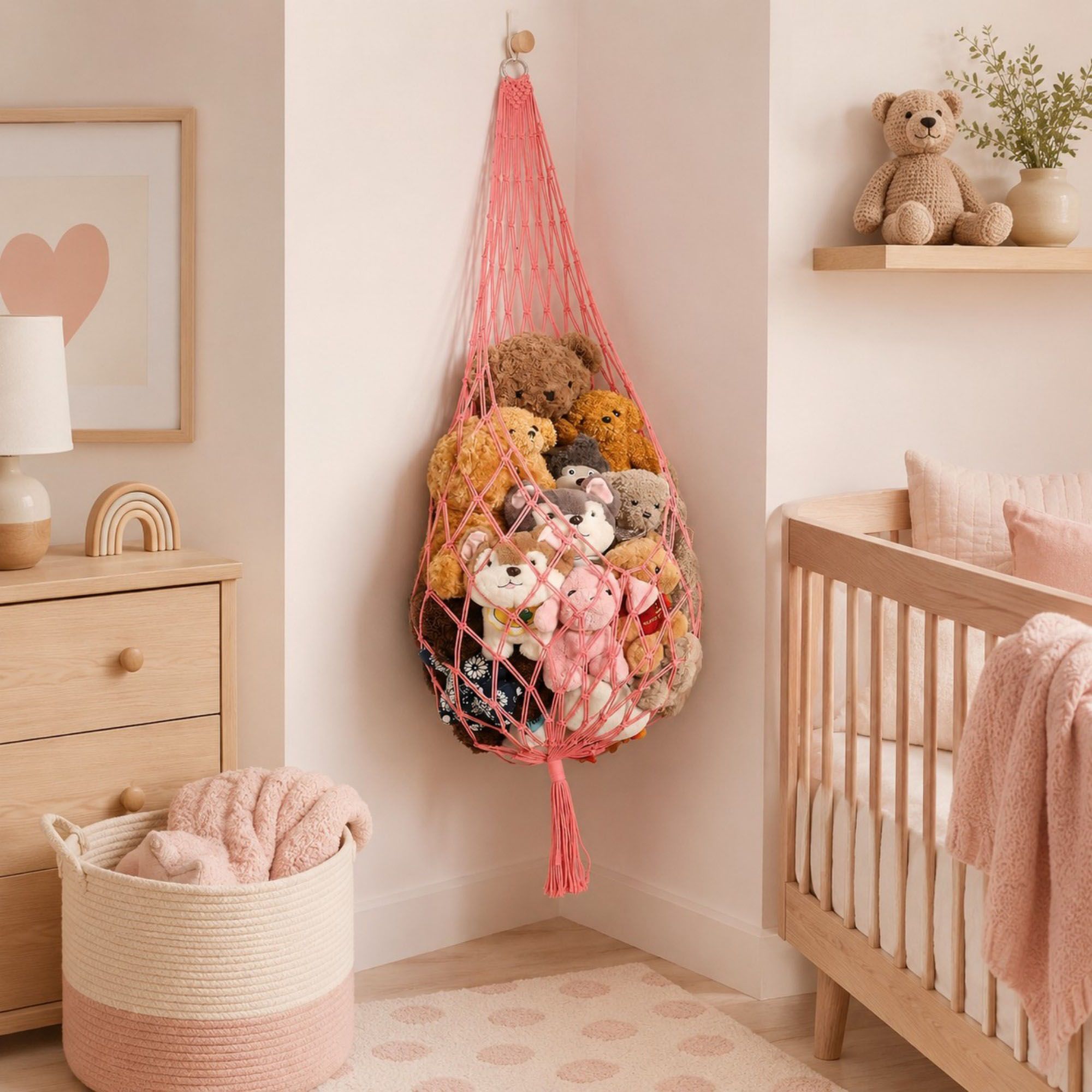 Macrame Hanging Stuffed Animal Storage Net Cotton Rope Corner Organizer