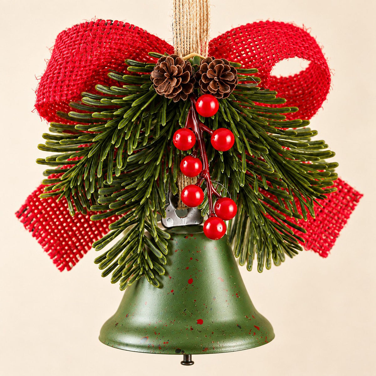 Christmas Bell Ornament with Bow Pinecones Berries and Greenery