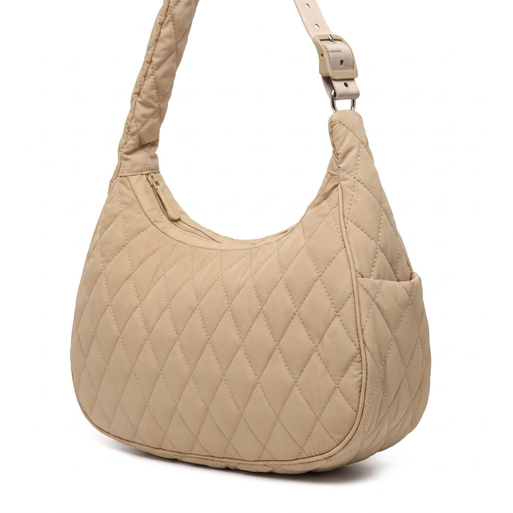 Quilted Hobo Shoulder Bag with Adjustable Strap and Side Pockets 13.5x5.5x9in