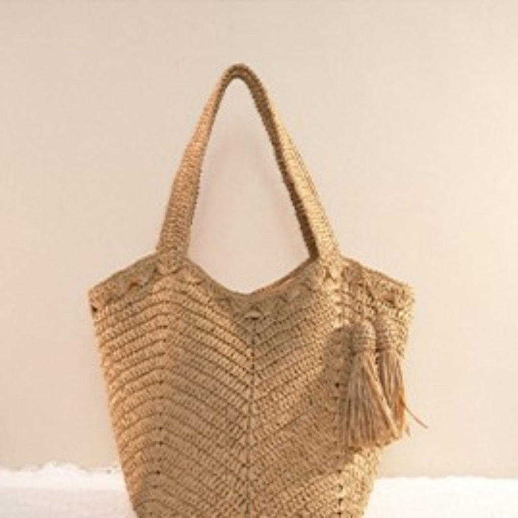 Tassel Straw Tote Bag with Zipper Closure for Beach and Travel