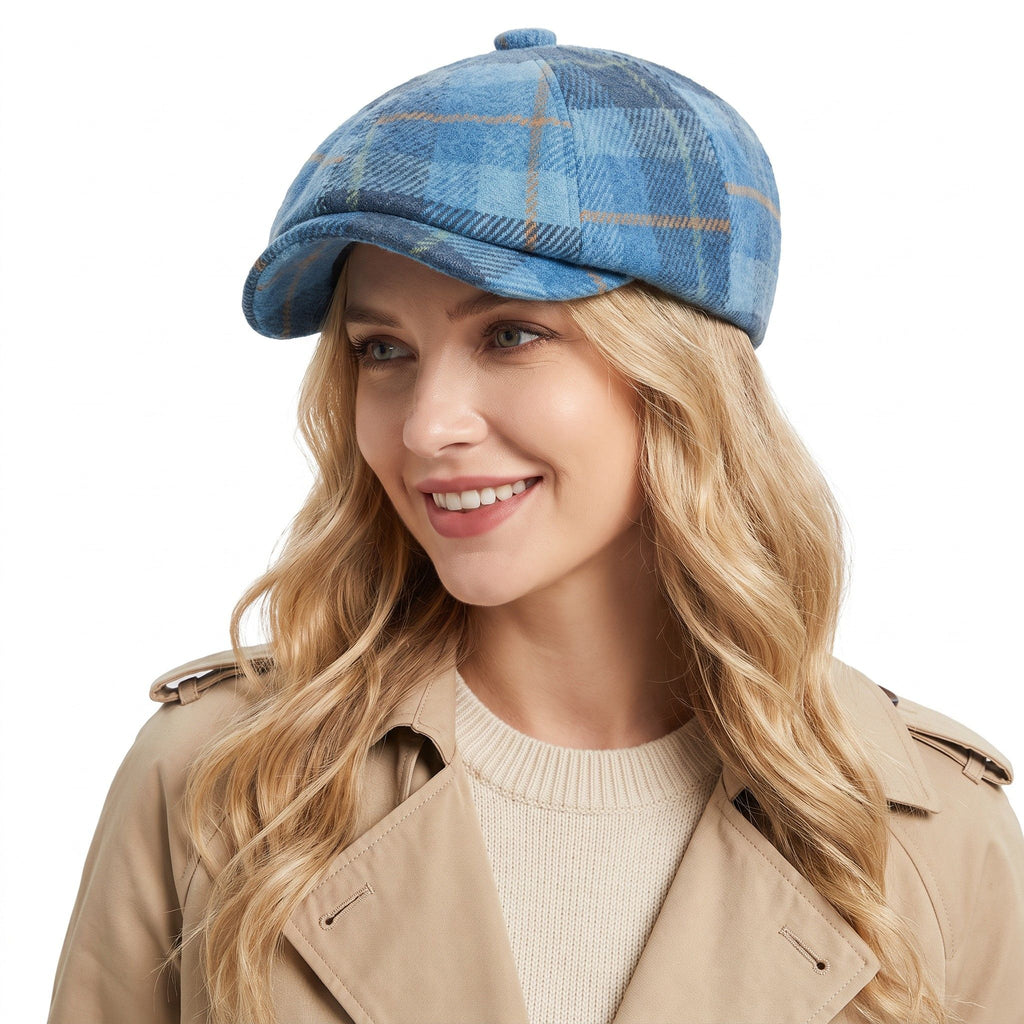 Plaid Wool Blend Newsboy Cap Vintage Baker Boy Hat Short Brim Eight Panel Cap