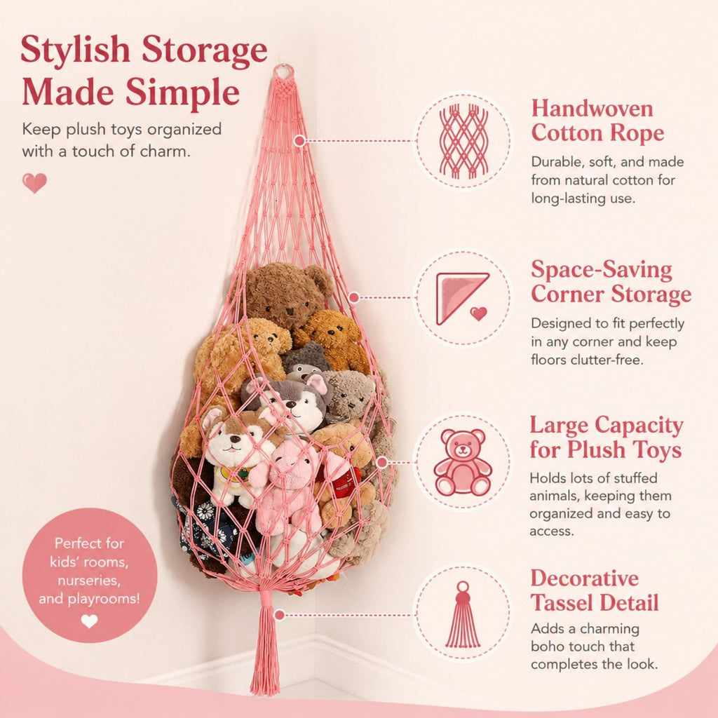 Macrame Hanging Stuffed Animal Storage Net Cotton Rope Corner Organizer