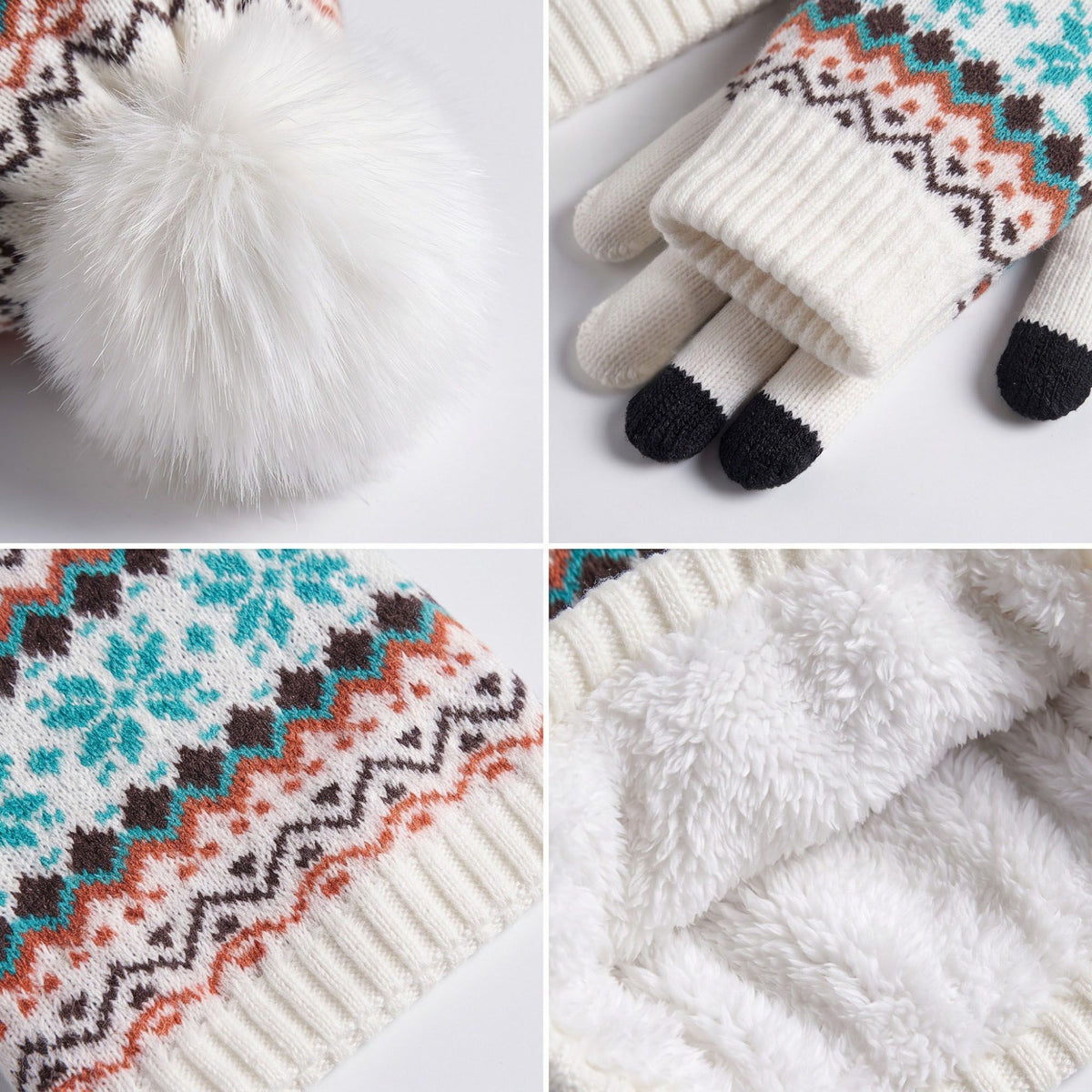 3 Piece Fair Isle Pom Beanie Neck Warmer and Gloves Set