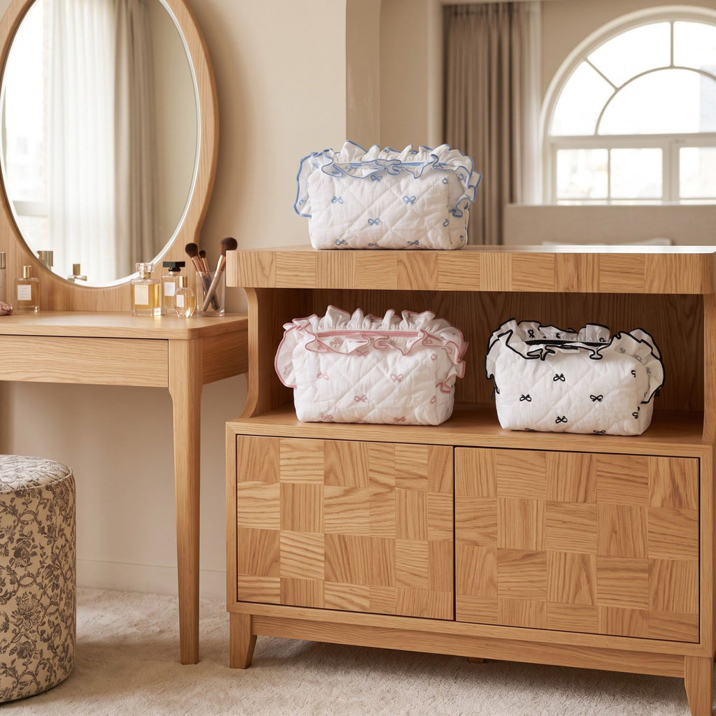 Womens Quilted Bow Print Cosmetic Bag with Ruffle Trim
