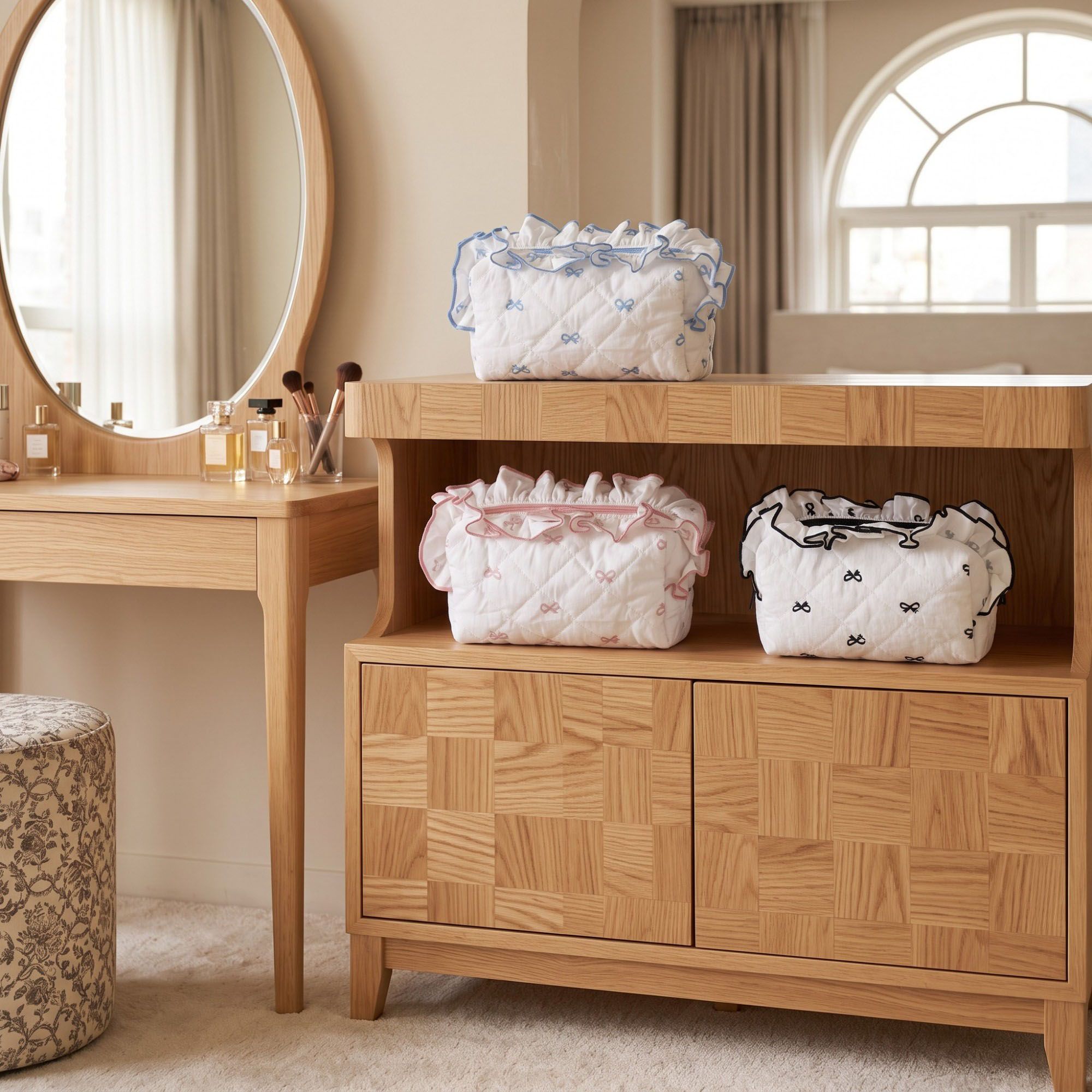 Womens Quilted Bow Print Cosmetic Bag with Ruffle Trim